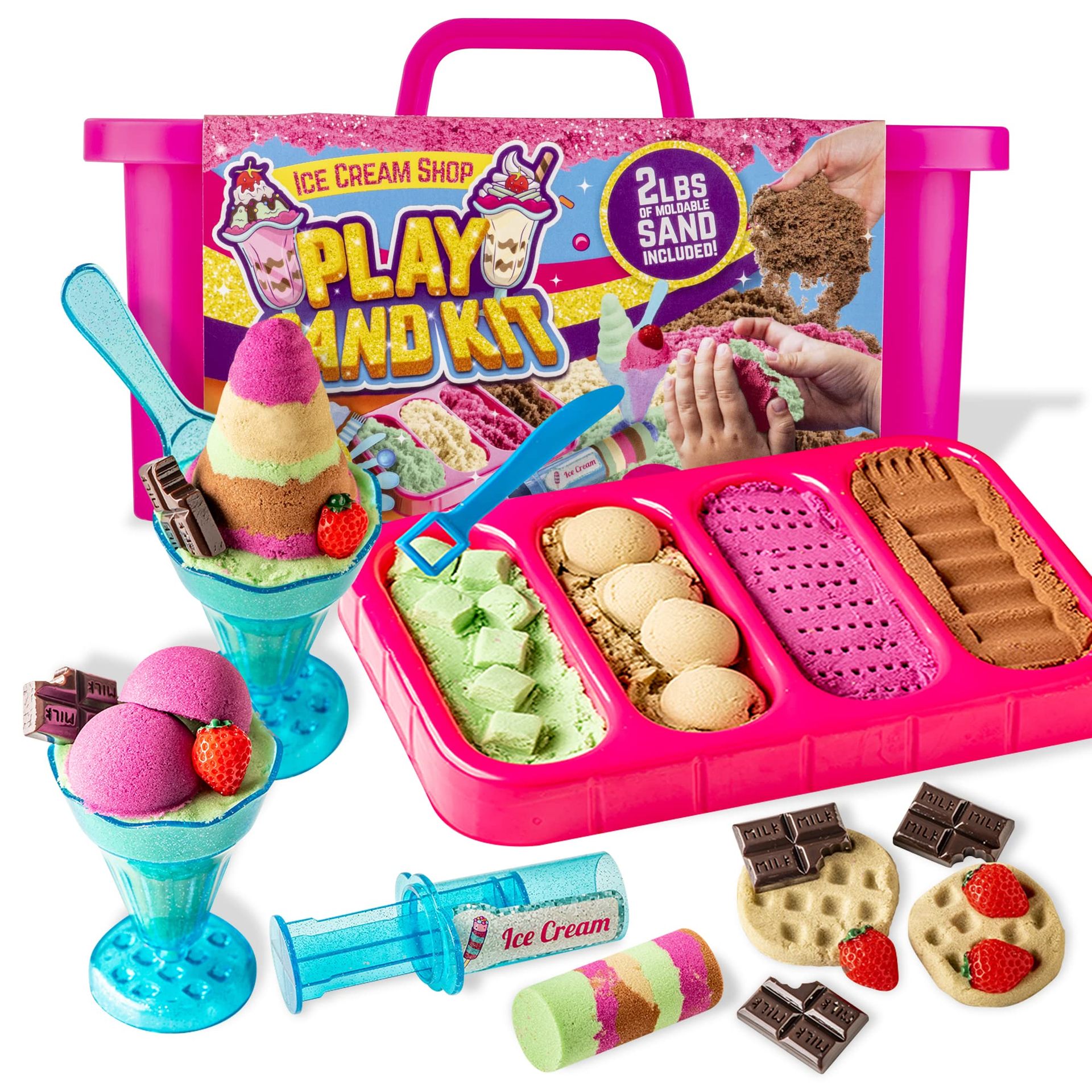 Magic Sand Ice Cream Shop Play Kit for Kids Sensory Game & Mould Tools - Brown Vanilla Pink