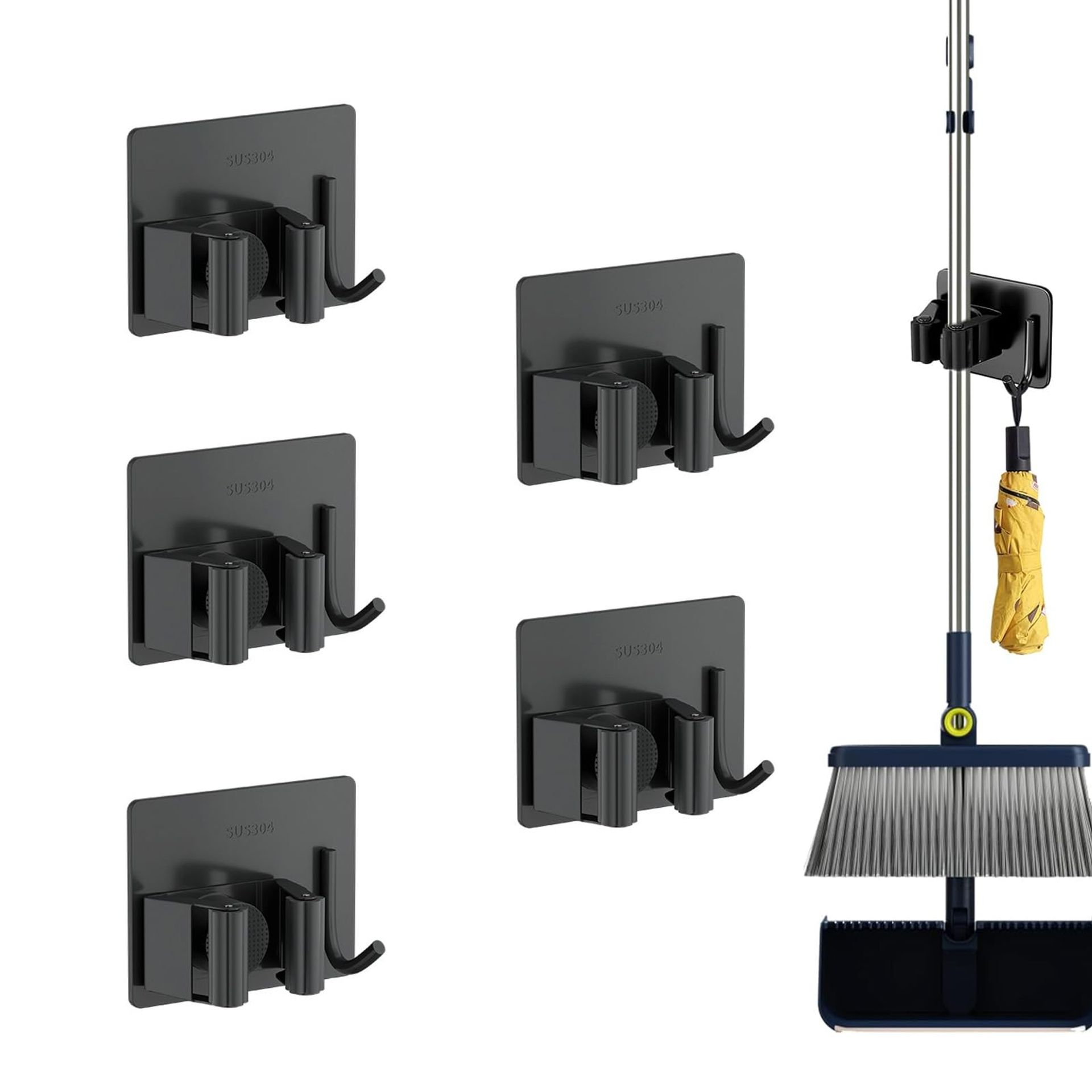 5-Piece Wall Mounted Broom & Mop Holder with Hooks, Stainless Steel, Self-Adhesive, Holds 10KG Each