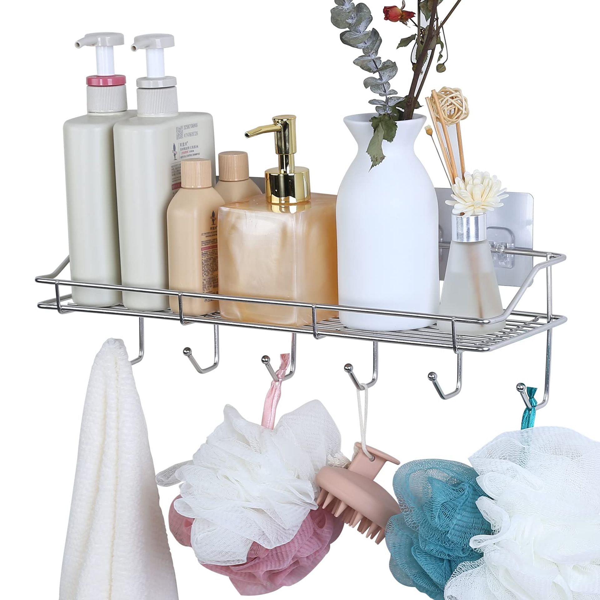 Large Rustproof Shower Caddy with Hooks - Black Adhesive Shelf for Bathroom & Kitchen