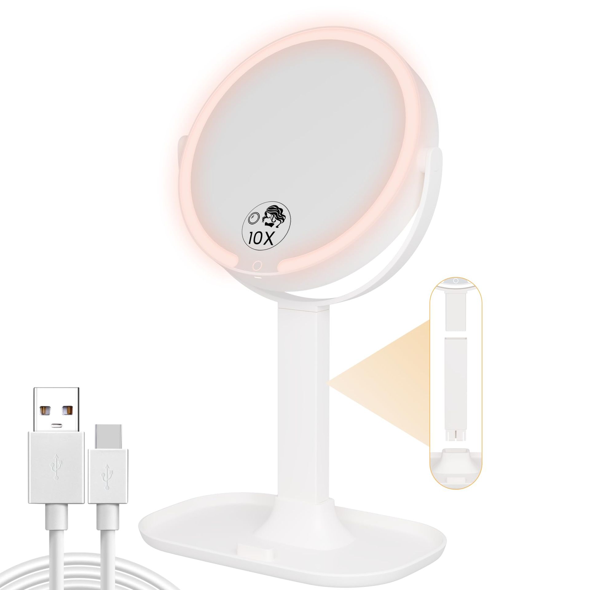 Magnifying Makeup Mirror with LED Light 10X/1X Dual Sided Touch Dimmable Rechargeable 360° Adjustable - White 10cm
