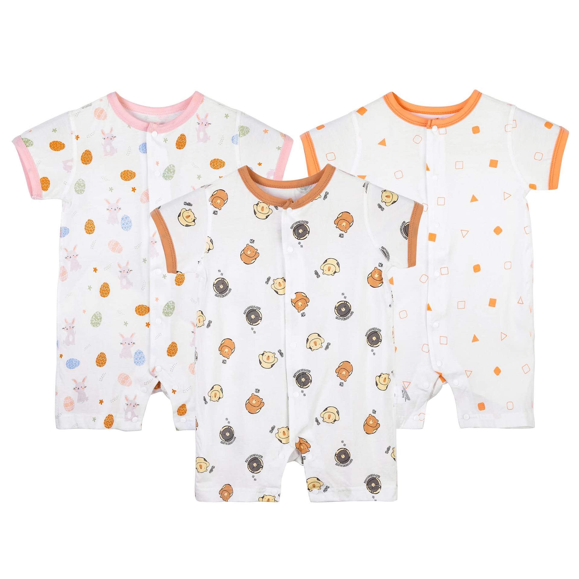 Baby Summer Outfits 3 Pack Short Sleeve Cotton Rompers Cartoon Animal Design - Pink Bear Rabbit 3-6 Months