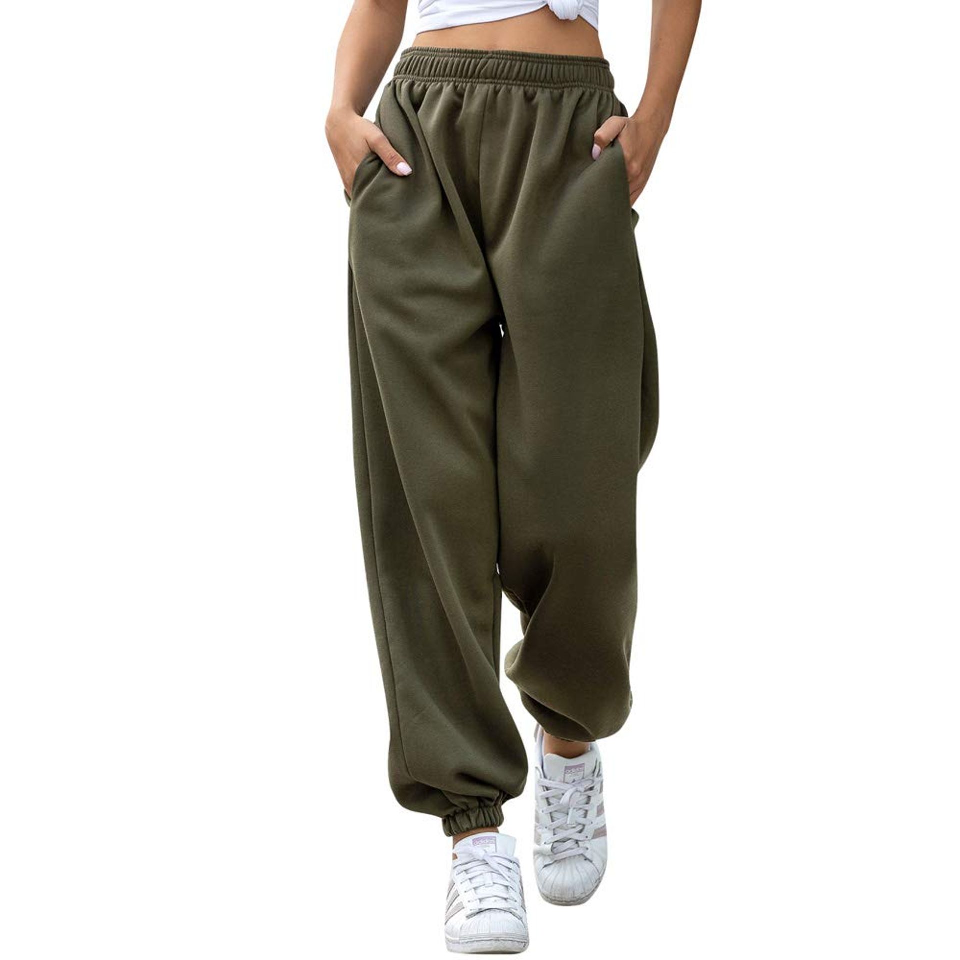 Women's Fleece Tracksuit Bottoms Warm Baggy Harem Joggers with Pockets - Fleece Green XL