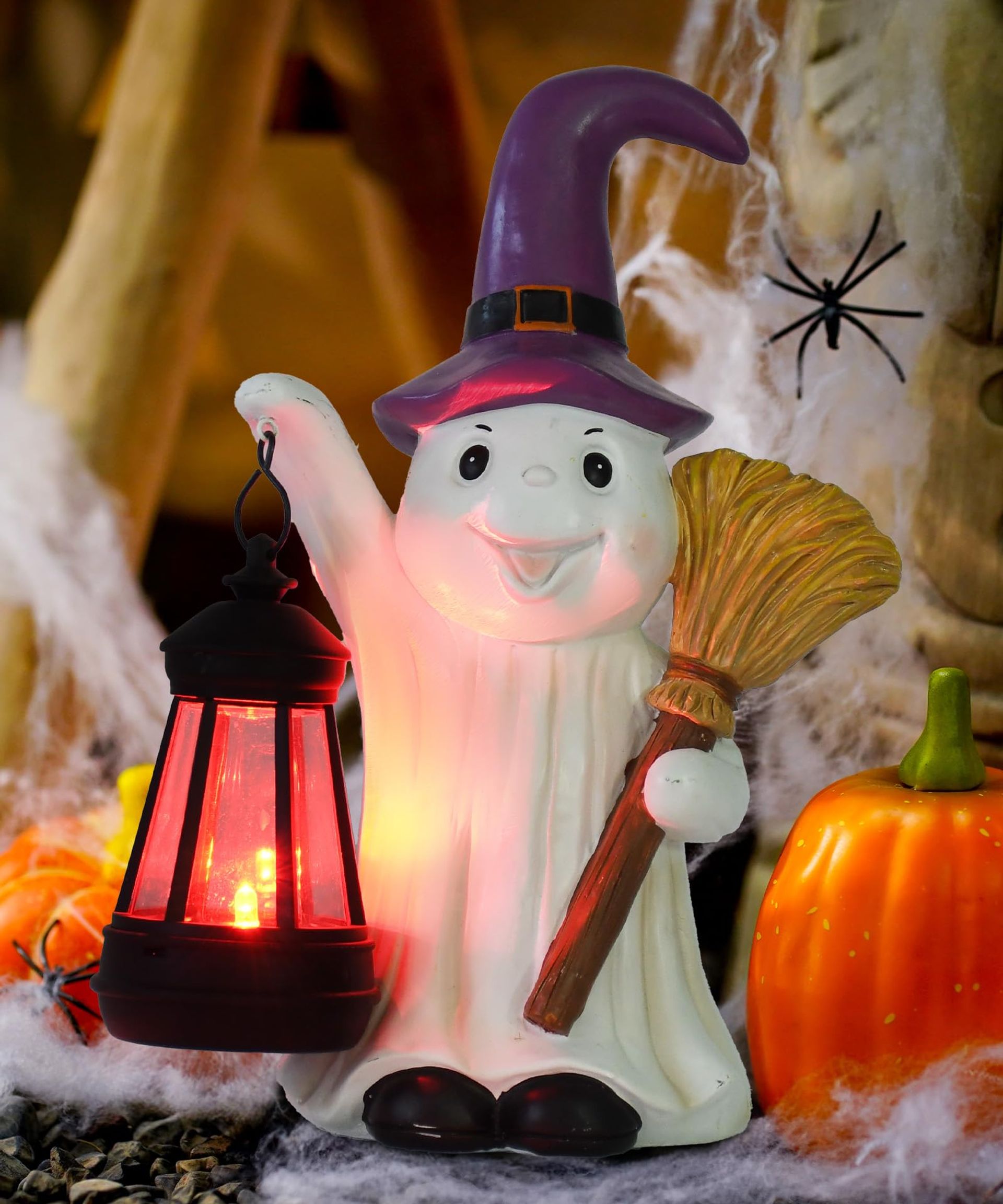 Solar-Powered Halloween Ghost Garden Statue with Glowing Lantern & Witch Hat for Outdoor Decoration - Ghost With Broom One Size