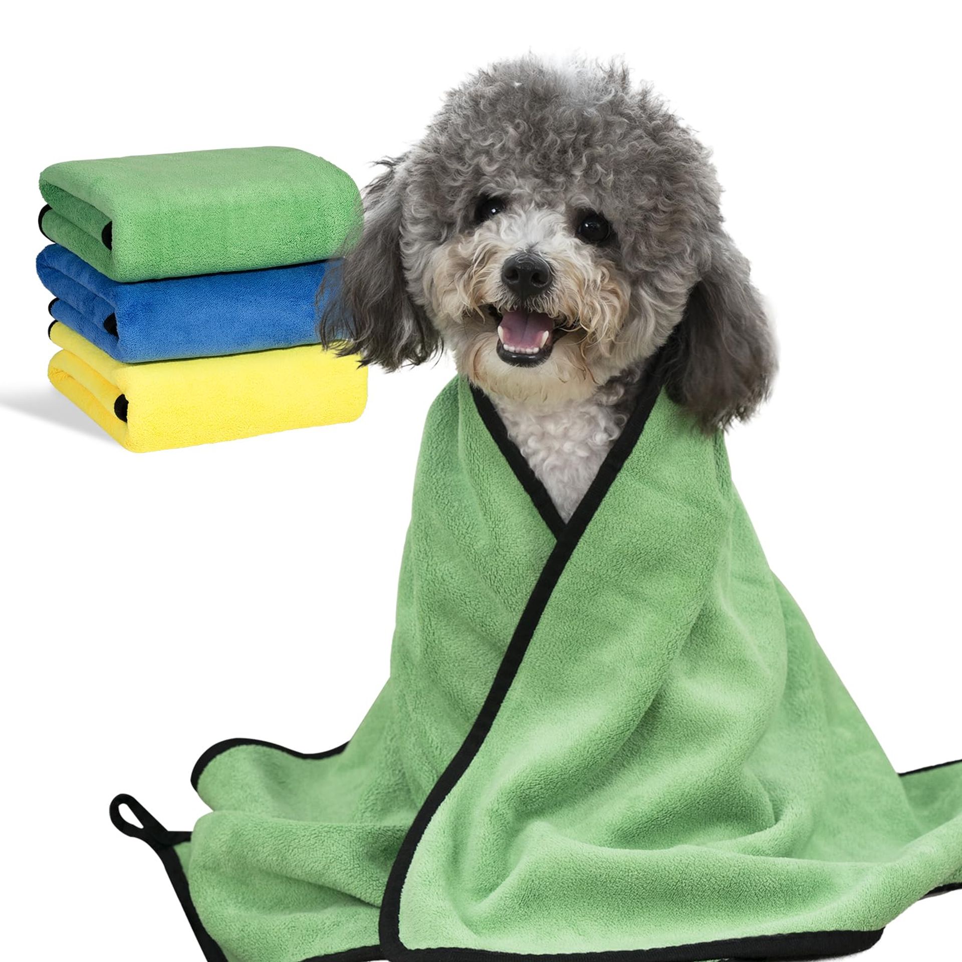 3PCS Dog Towels for Drying Super Absorbent Quick Drying Pet Grooming Towels for Dogs, Cats & Puppies - Green Blue Yellow M