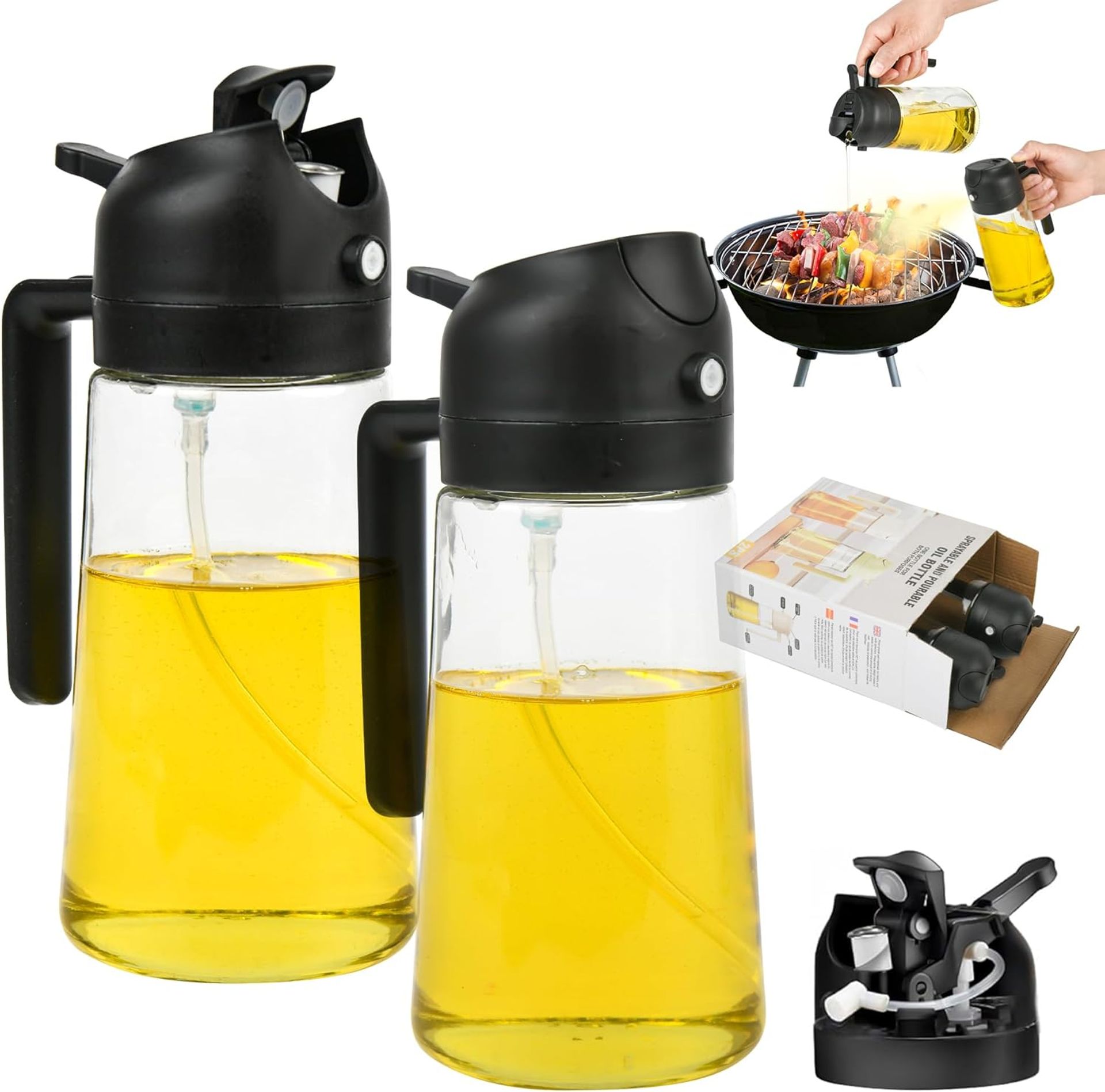 470ml Olive Oil Spray & Dispenser Bottle, 2-in-1 Glass Kitchen Accessory, Black (2 Pack)