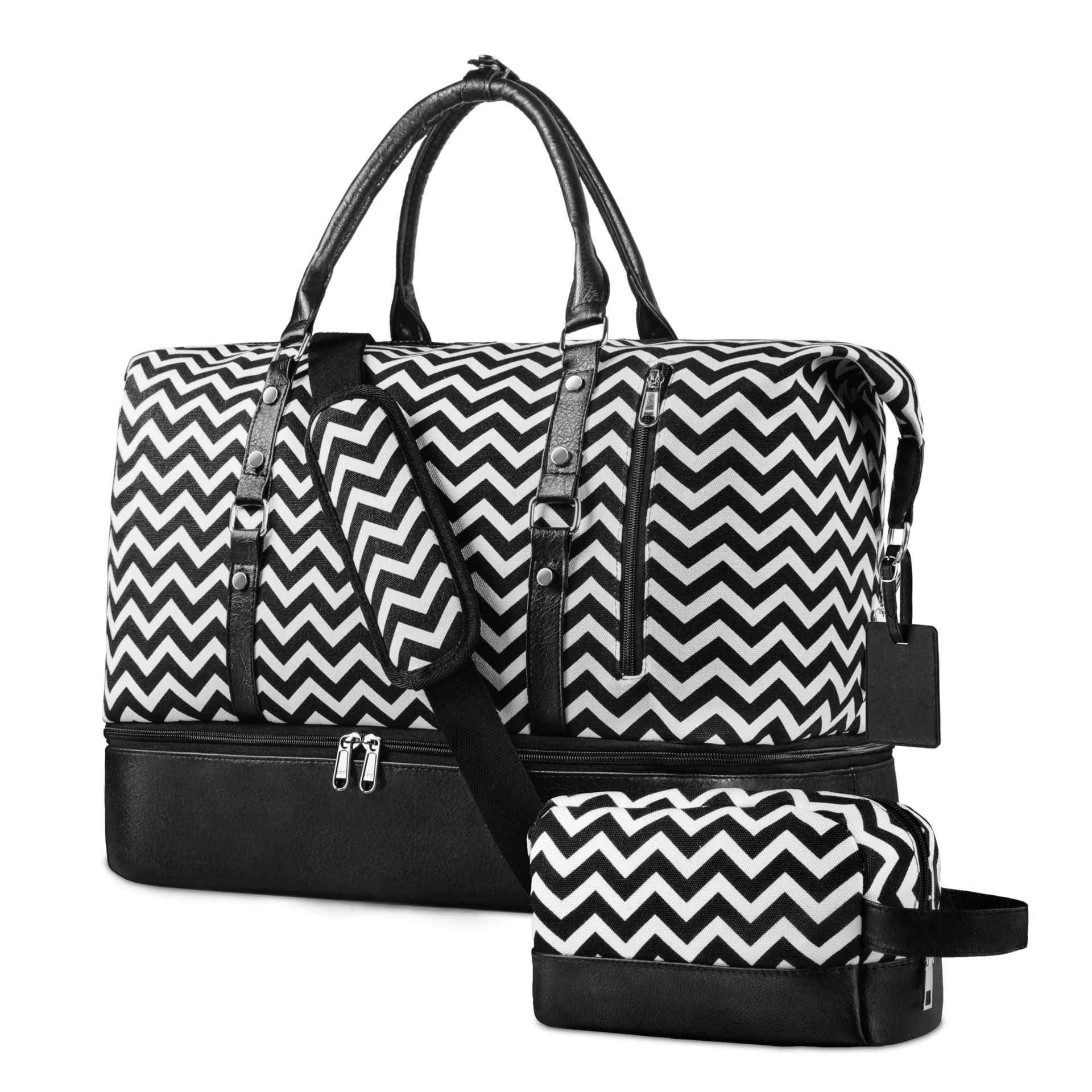 Women's Weekender Travel Duffle Bag Large Capacity with Wet and Shoe Compartments Hand Luggage Holdall - Black Wave Pattern