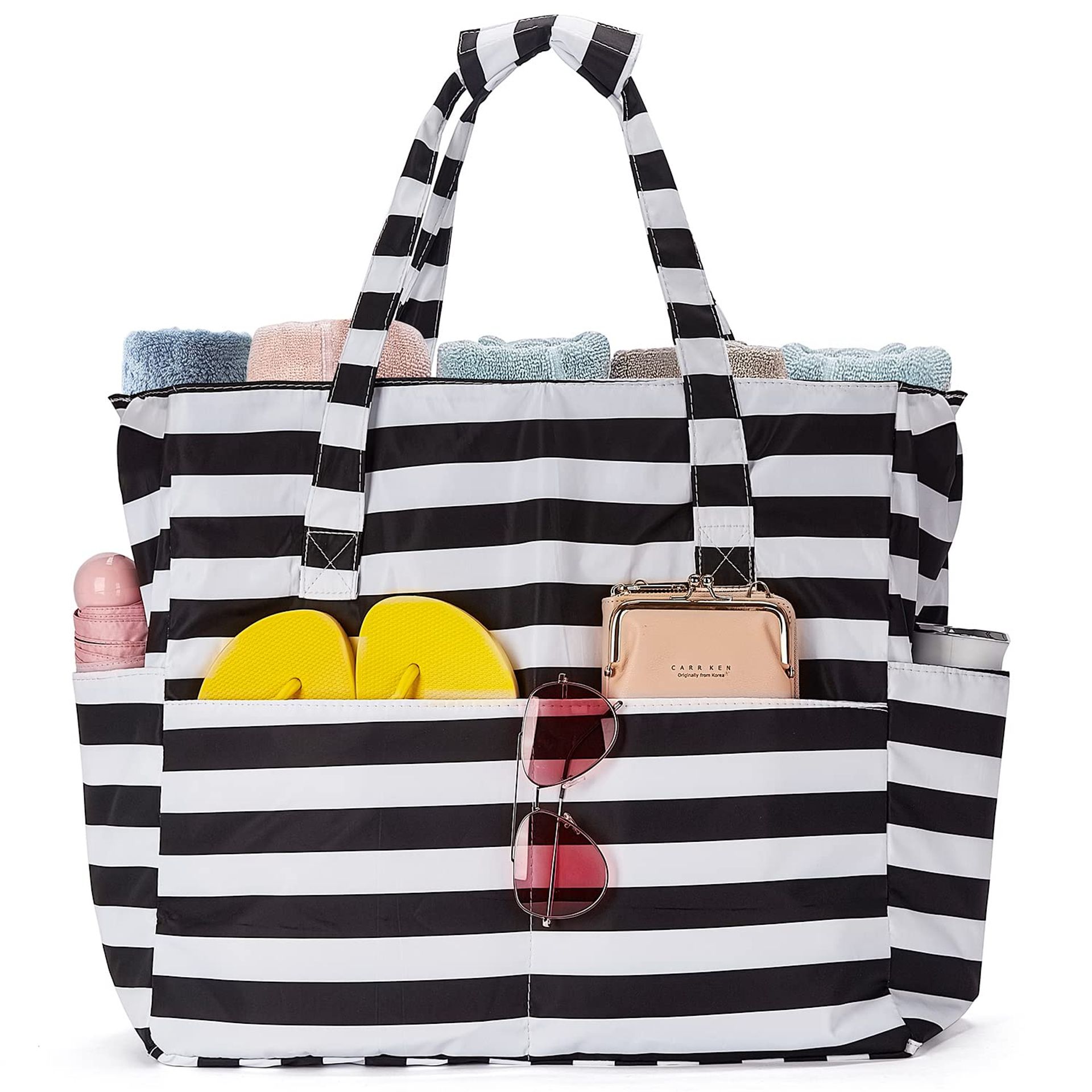 Large Waterproof Beach Bag Lightweight Travel Tote with Zipper & Foldable Design for Holidays, Swimming & Outdoor Use - Black and White Stripe One Size