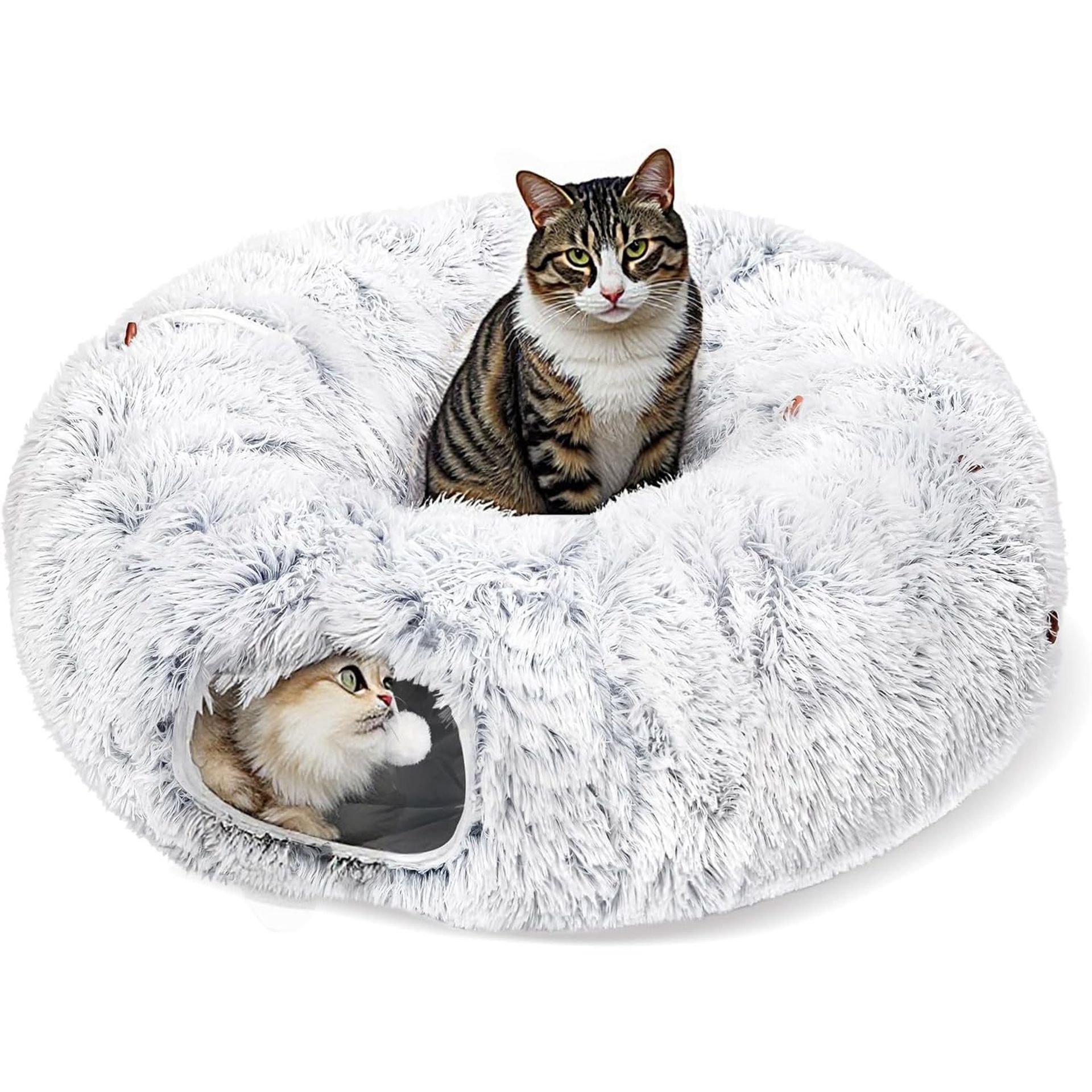 Plush Cat Tunnel Bed 2-in-1 Foldable Pet Hideaway with Washable Cover - Grey 80x25cm
