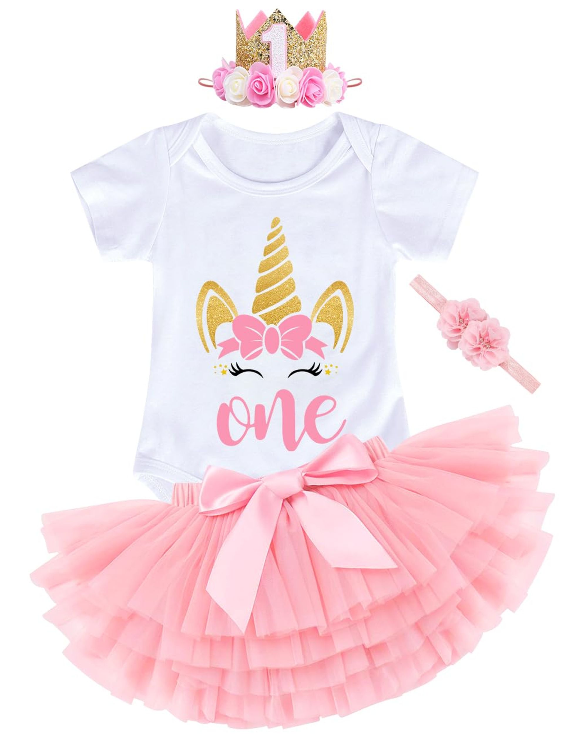 Baby Girl 1st Birthday Outfit Romper with Pink Tutu Skirt & 2 Headbands - B-Unicorn 1 Year