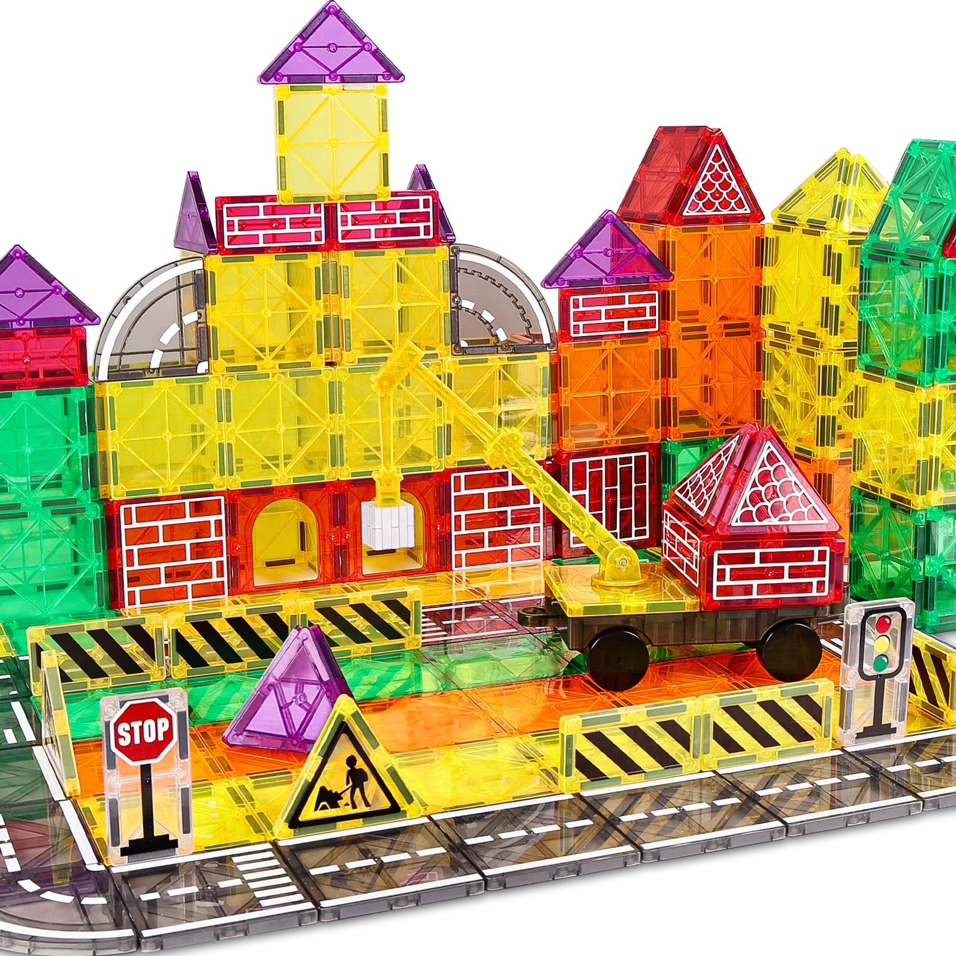 Magnetic Tiles Road Building Blocks Set 40 Pcs with Crane STEM Educational Toy for Kids - 40 Pcs