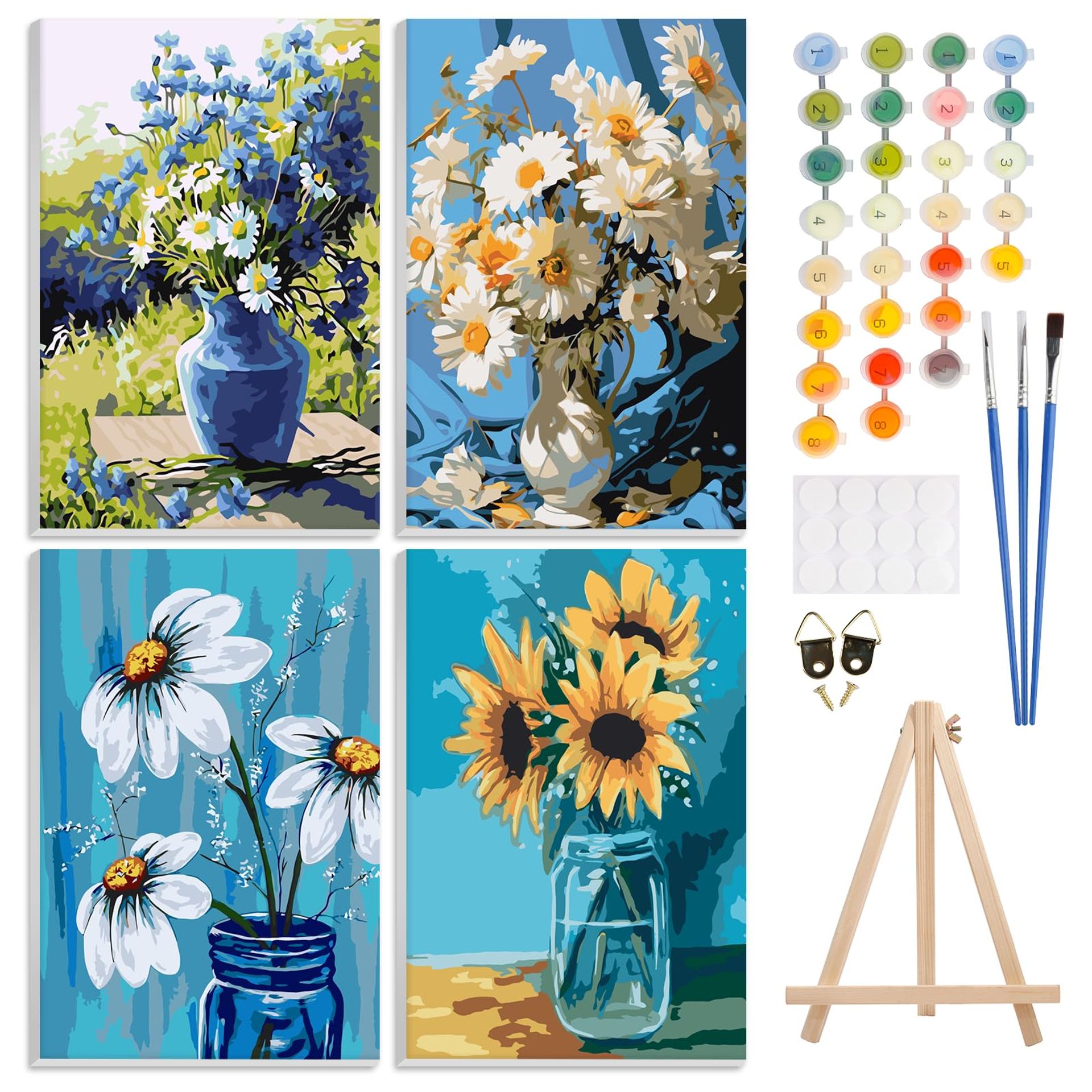 4 Pack Paint by Number Kits for Adults with Framed Canvas, Wooden Easel, Brushes & Acrylic Paints - Landscape 30x20 cm
