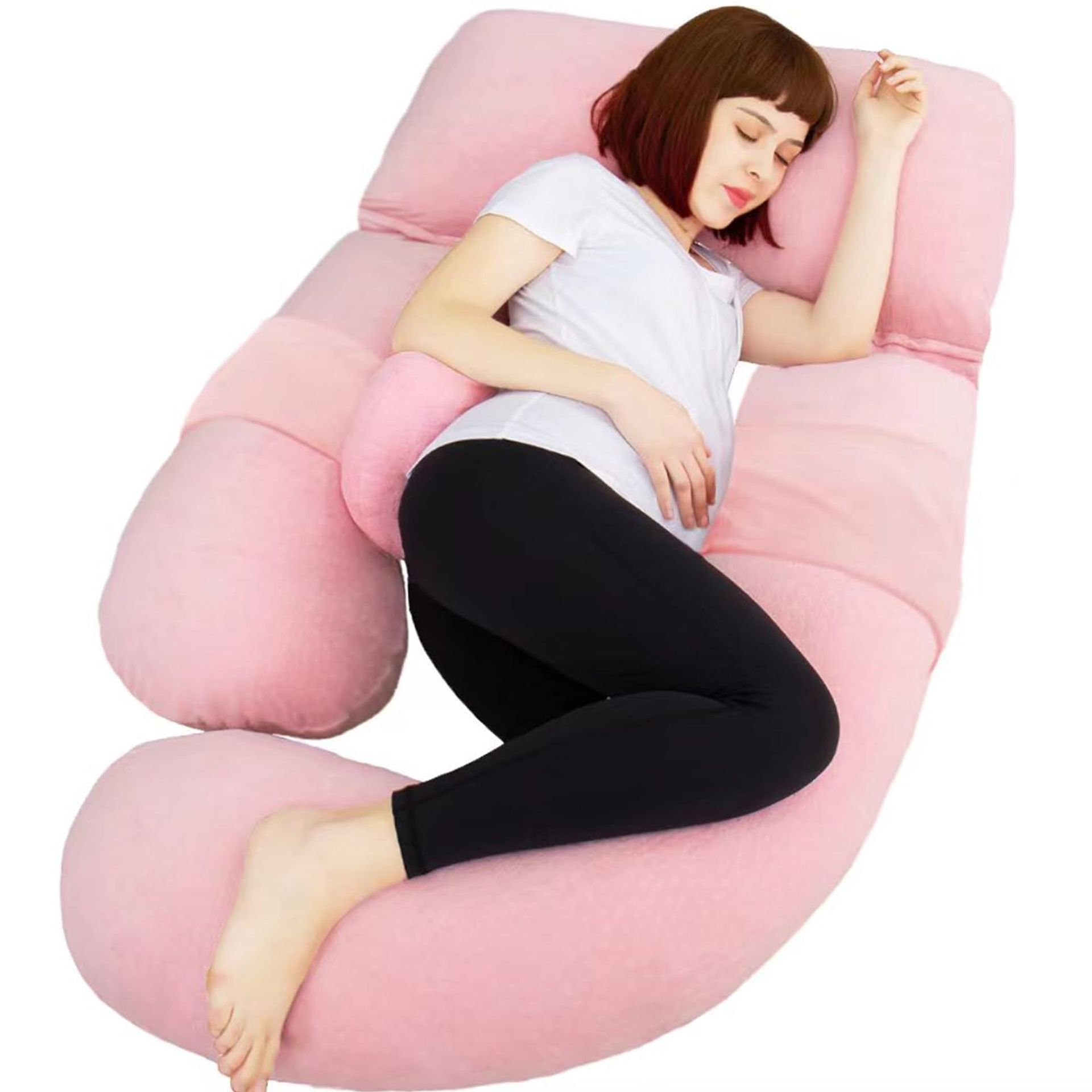 Full Body Support Pillow for Nursing, Maternity & Pregnancy with Detachable Side Cushion, Adjustable Filling & Washable Cover - Pink XL