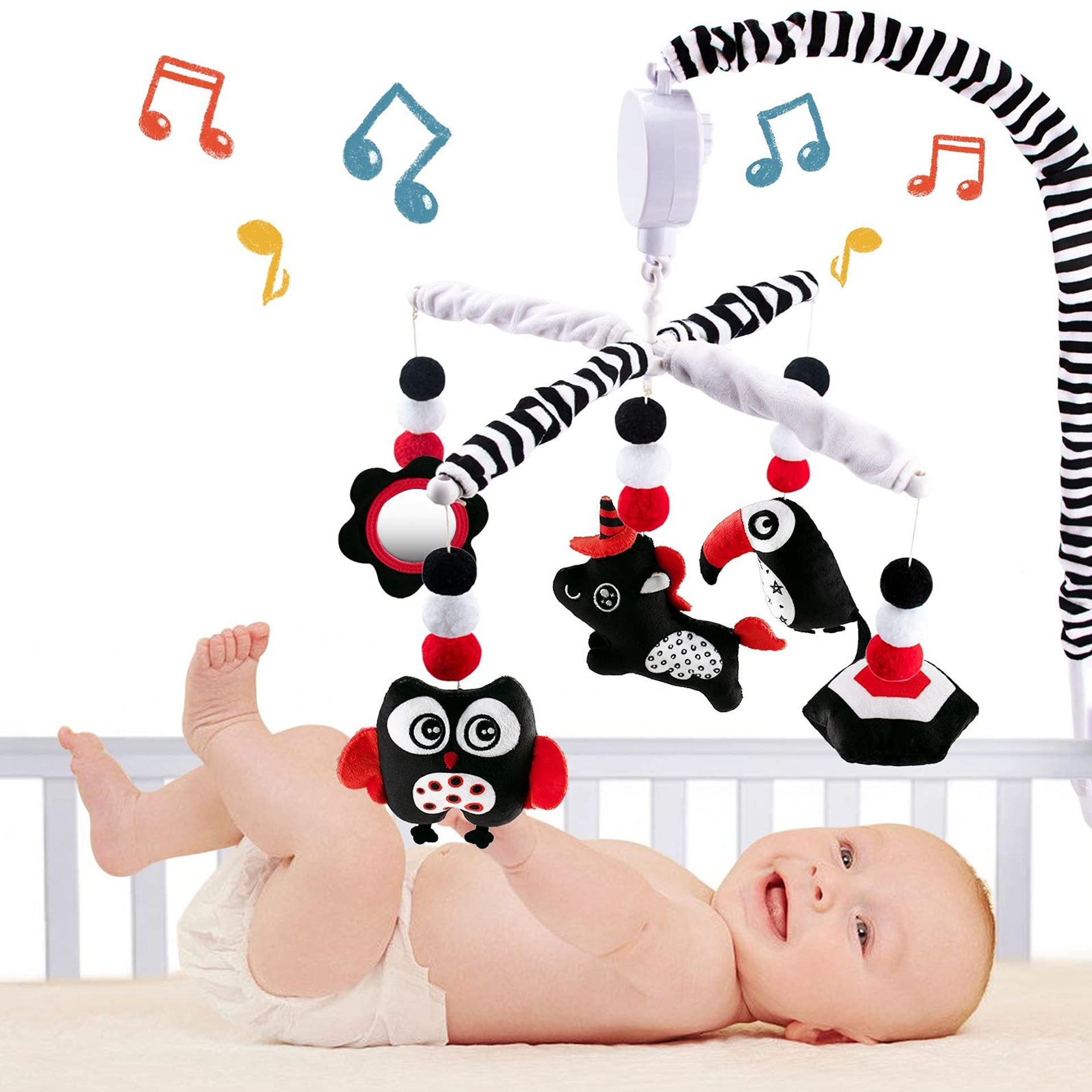Baby Mobile High Contrast Musical Crib Toy with Rotating Plush Figures and Wind-Up Music Box - Black & White Style