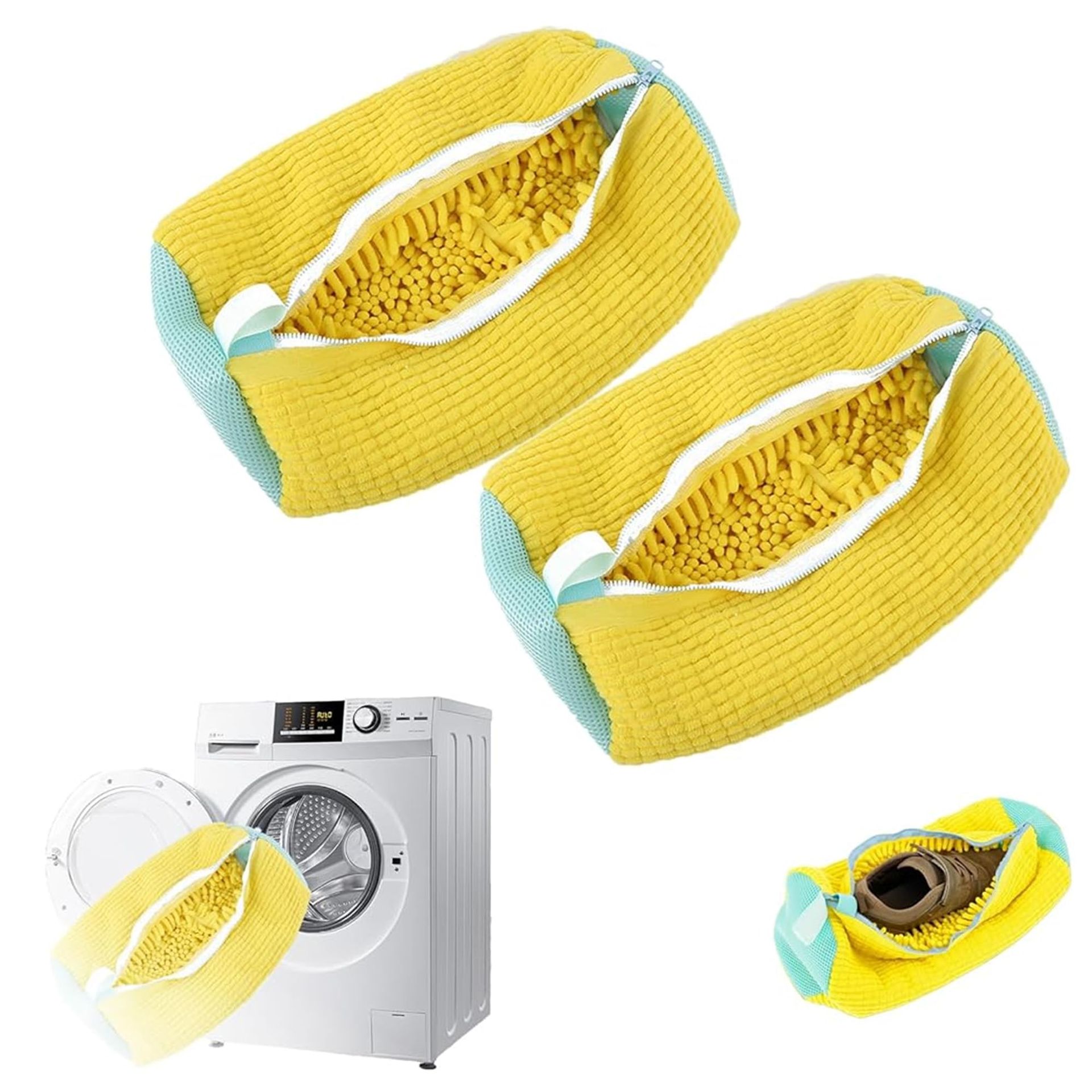 2PCS Shoe Wash Bags for Laundry Reusable Zippered Mesh for Trainers, Sneakers & Delicates - Yellow Large