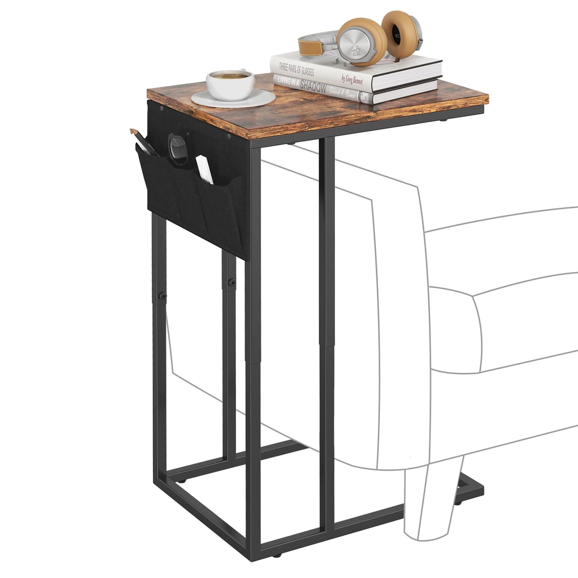 C Shaped End Tables with Storage Bag Living Room Bedside Coffee Table Set of 2 Easy Assembly - Black 2 Pack