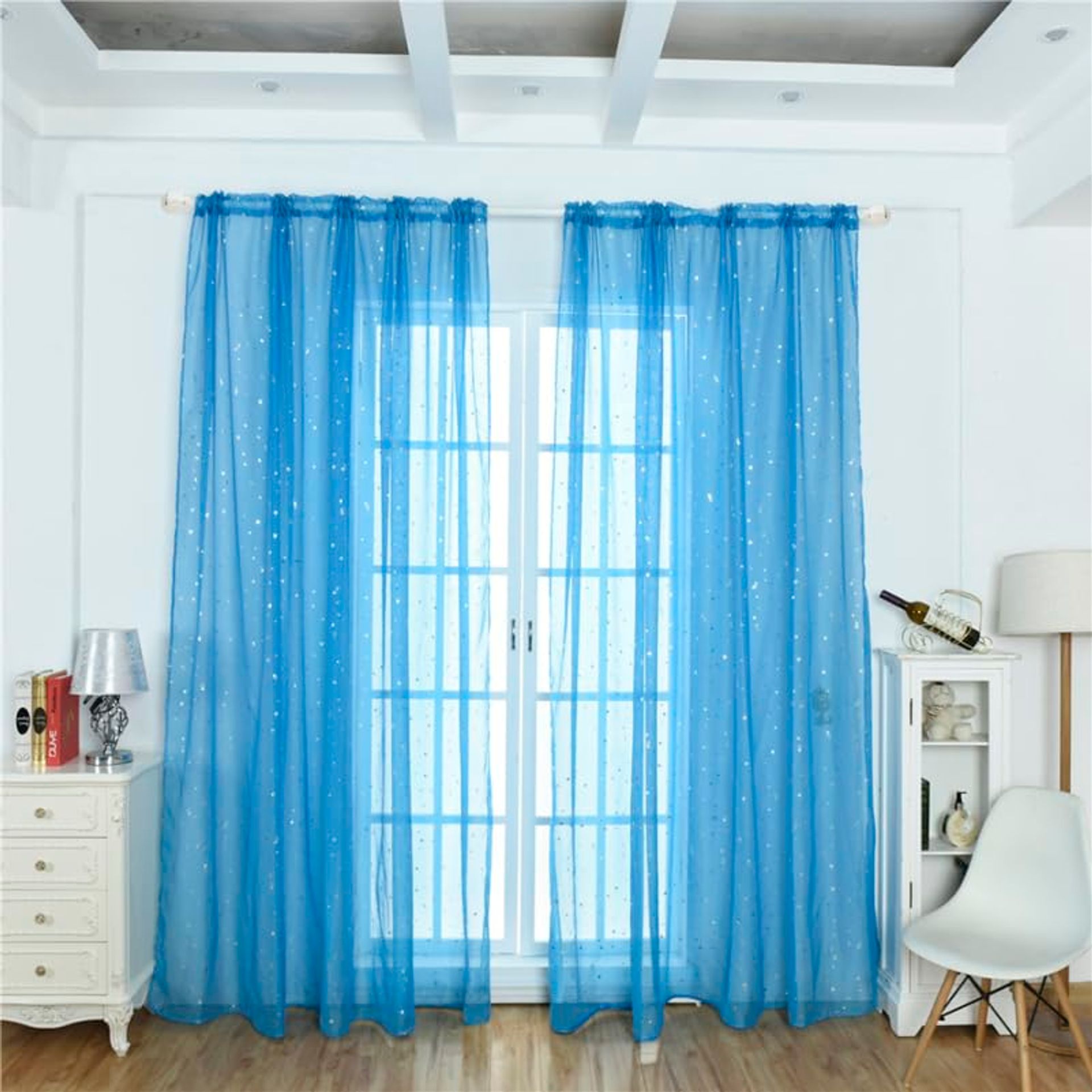 Homoyoyo Blue Star Glitter Voile Curtain Panel,Star Voile Curtain Panel, Sheer Glitter Tulle Net Curtains for Home Bedroom Kids Room Cafe Decor Light Filtering Curtains 100x200CM