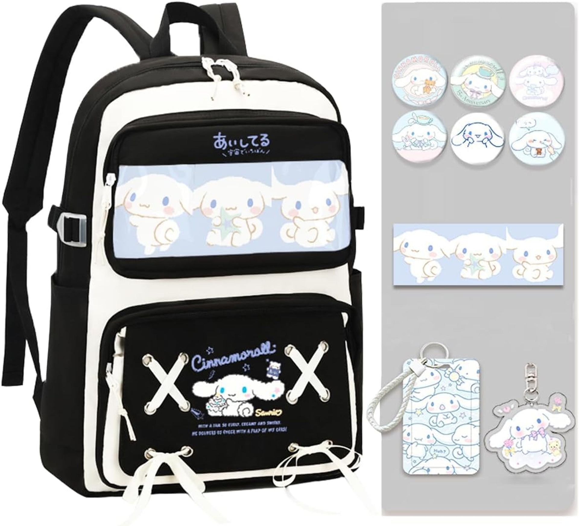 Kawaii Backpack Large Capacity Waterproof School Bag with Multiple Pockets - Black L