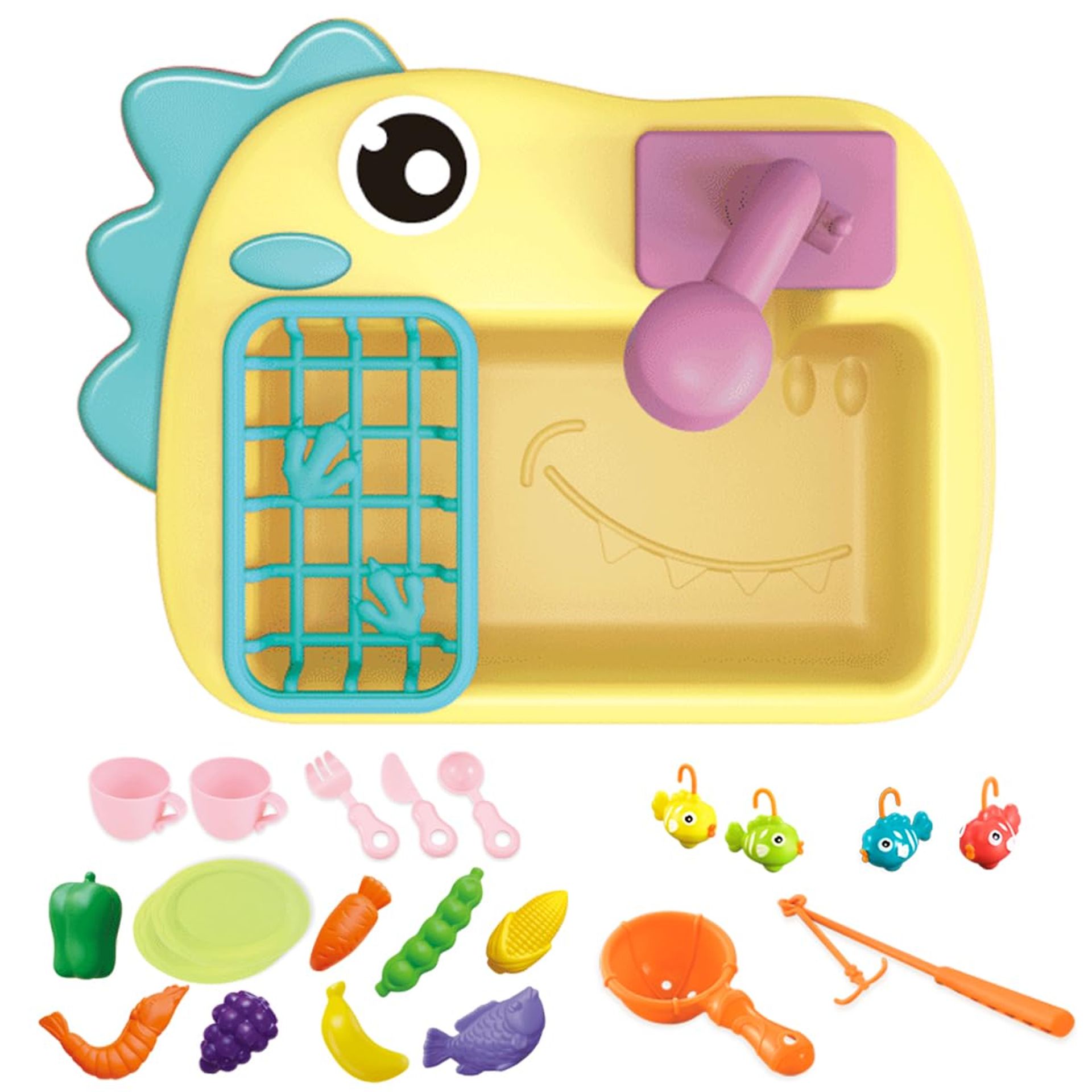 Kitchen Sink Toys with Running Water and Electric Faucet Automatic Water Cycle System，Play Kitchen Toy Accessories for Toddler,Pool Floating Fishing Toys，Pretend Play (Yellow dinosaur Sink toy)