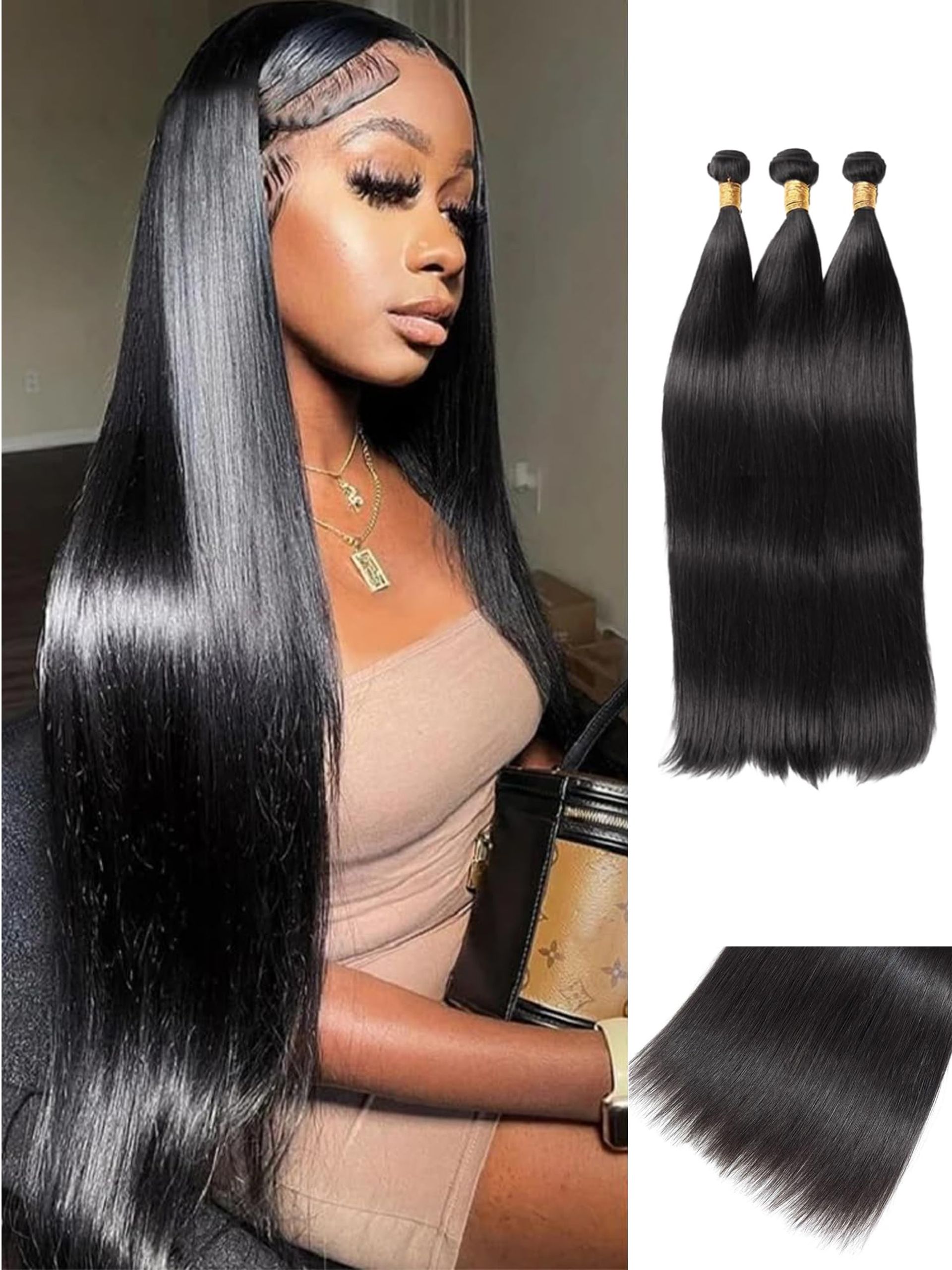 Brazilian Virgin Human Hair Straight Weave 100% Unprocessed Natural Look - Natural Black 24 26 28 Inch