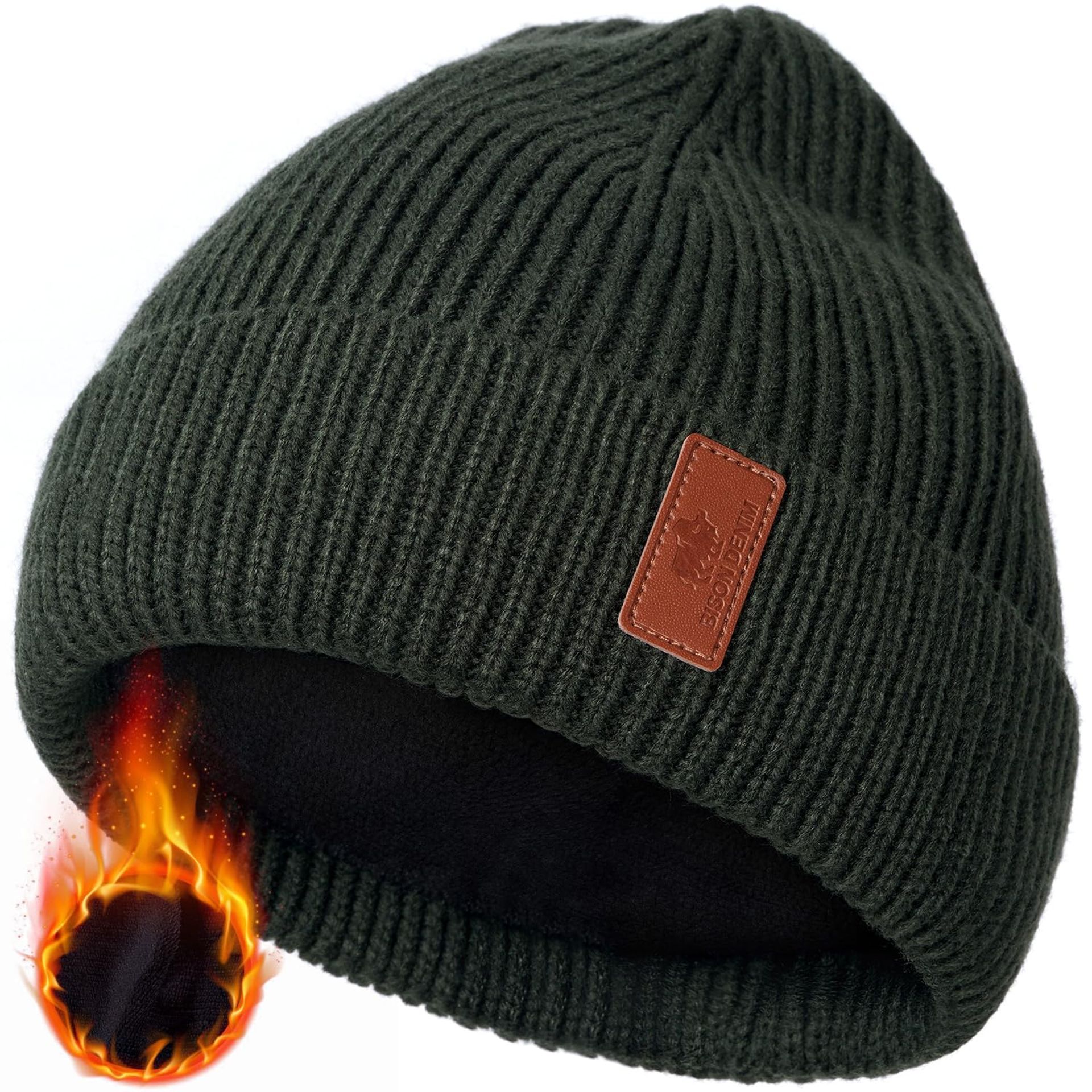 Knitted Winter Beanie Hat Warm Cuffed Design Unisex Soft Acrylic - Green L