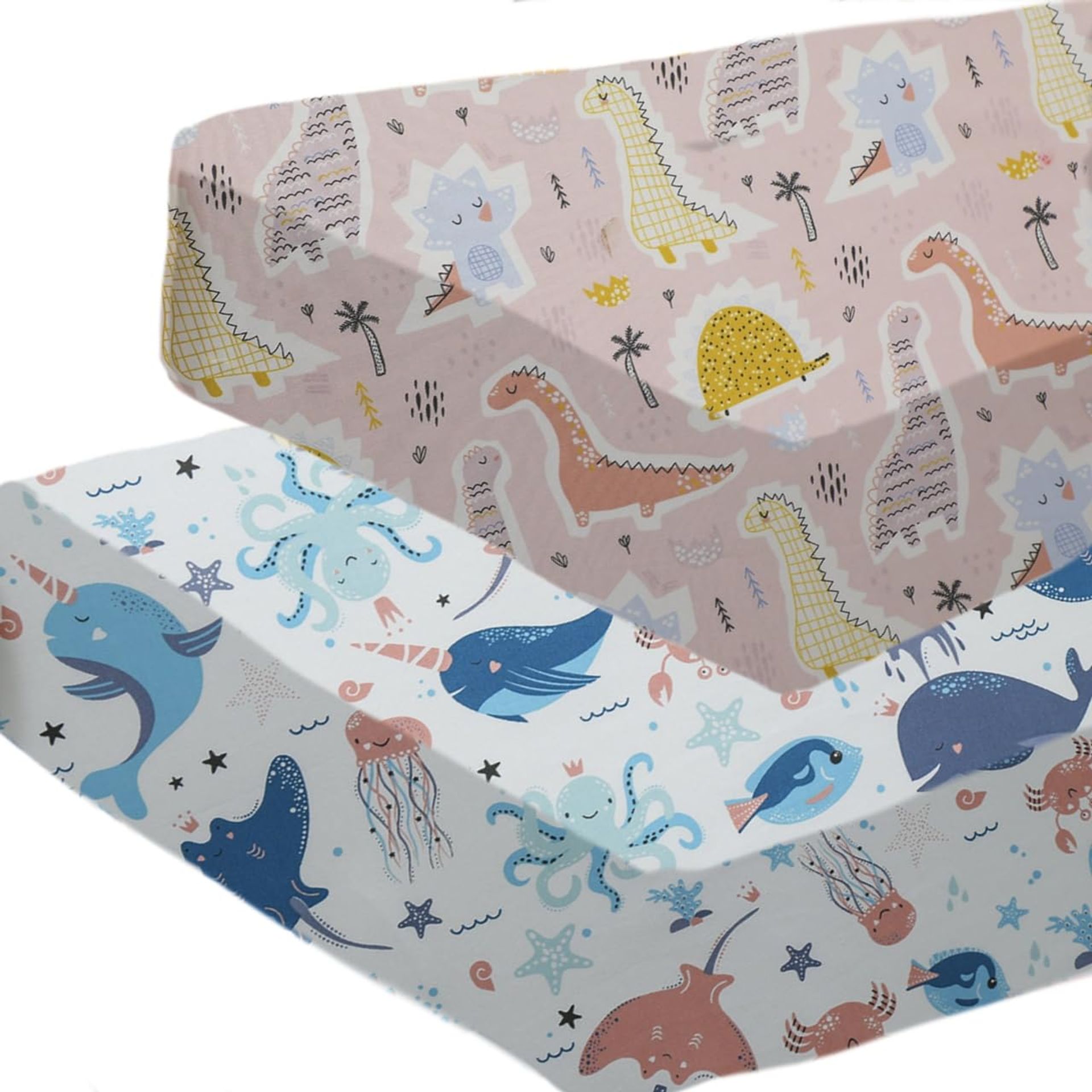 Hypoallergenic Baby Cot Bed Fitted Sheets 120x60cm 100% Cotton - Pack of 2 (Pink Dinosaur & Seaworld)