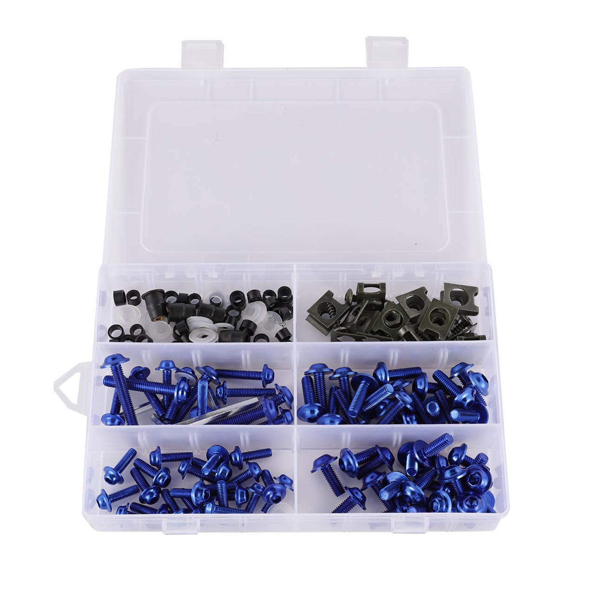 Motorcycle Fairing Bolt Kit 177pcs Aluminium Screws, Nuts & Clips Universal Fit - Blue