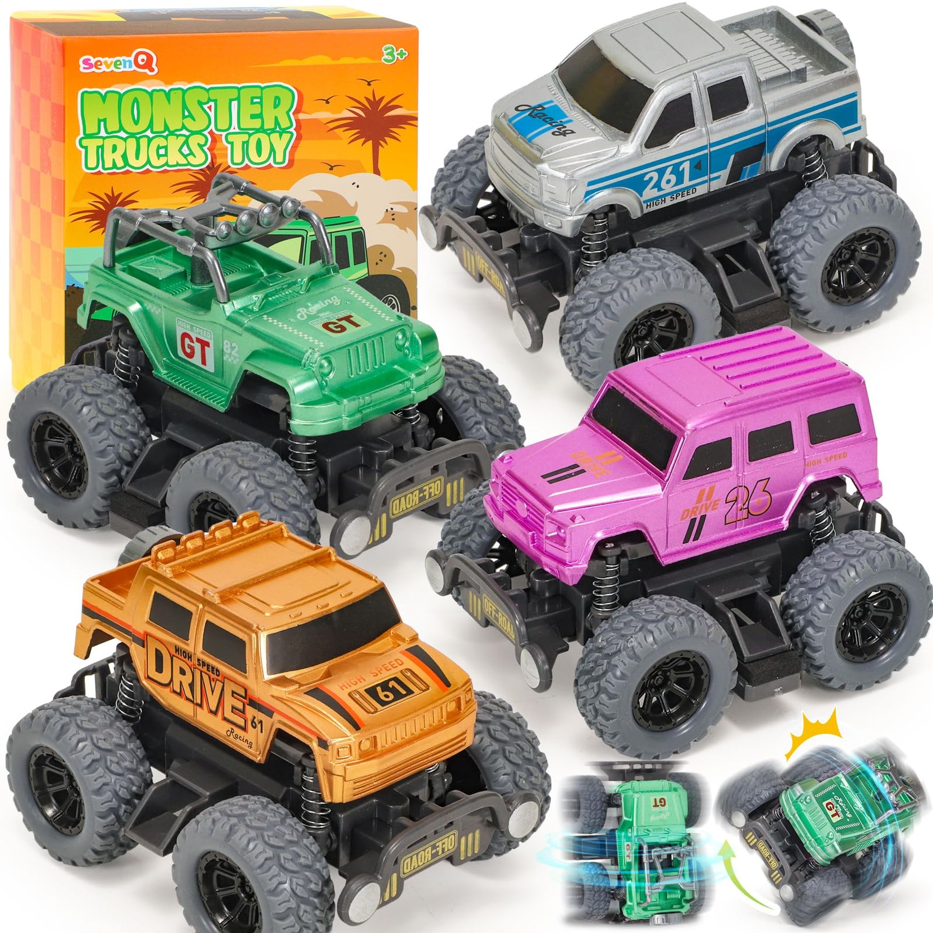 4-Pack Monster Truck Toys for Boys, Flip Stunt Cars, Pull Back Race Cars, Friction Powered, Retro Toddler Vehicles