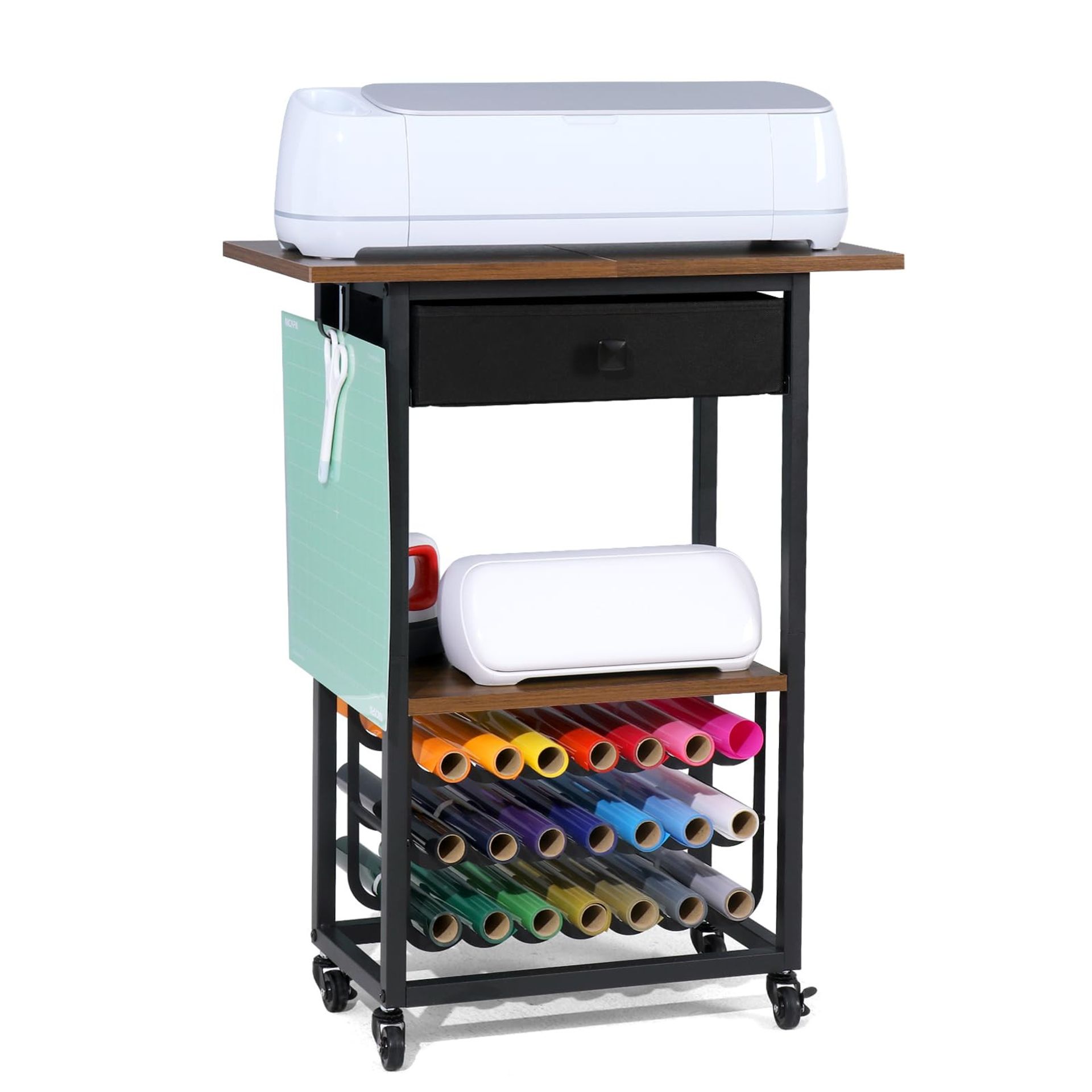 Rolling Craft Cart Workstation Compatible with Cricut Machines, Storage Organiser with Drawers and 21 Vinyl Roll Holders - Black HXGYTC-B - Spring Refresh