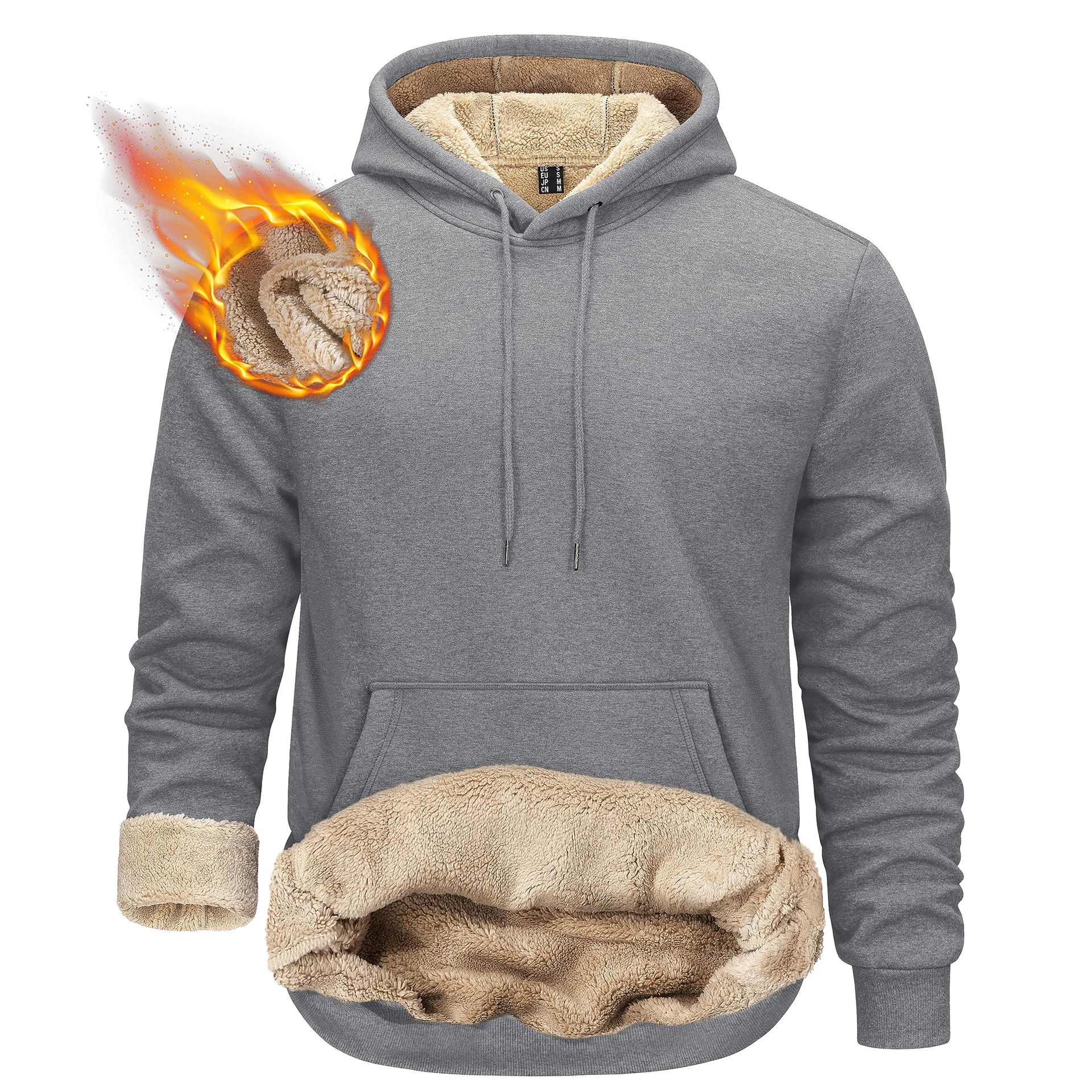 Men's Winter Fleece Hoodie Sherpa Lined Warm Work Sweatshirt Jumper Hoody - Light Grey XL