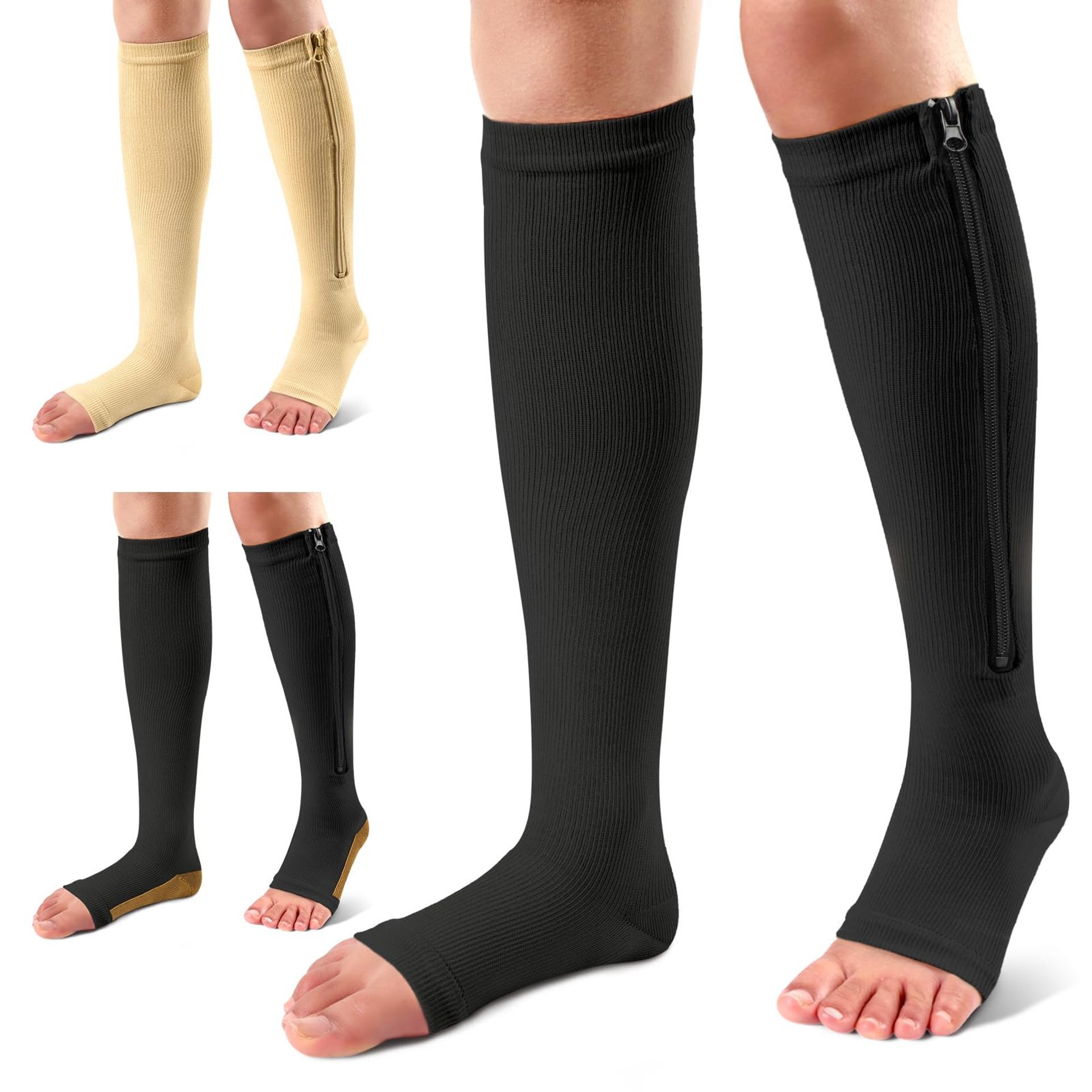 3 Pairs Medical Compression Socks with Zipper 15-20 mmHg Knee High Support for Men & Women - Multiple Colours Small/Medium