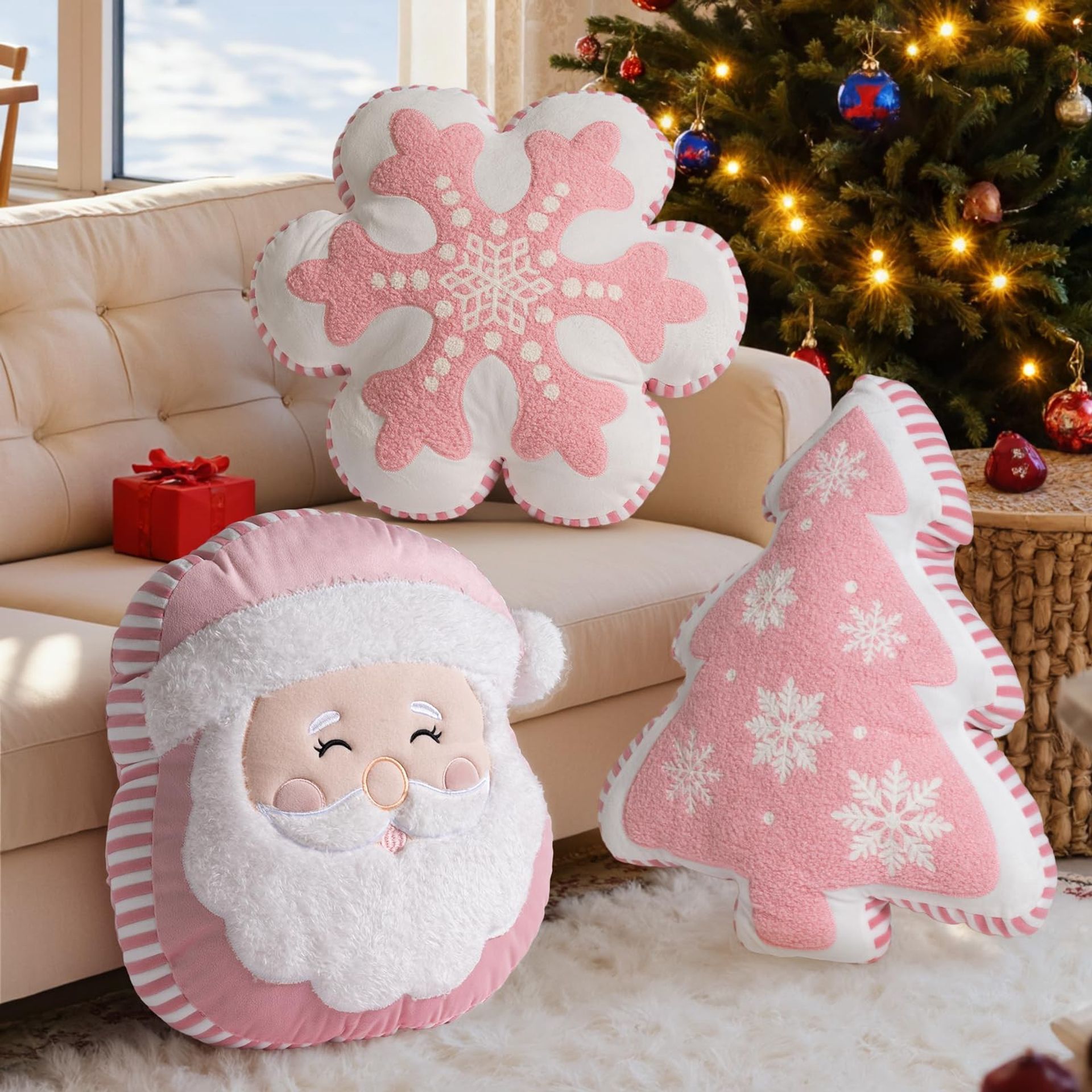 Christmas Cushion Covers Set of 3 Festive Snowflake Santa Claus Tree Design Decorative Pillowcases for Sofa or Bedroom - Red 47x47cm & 37x38.5cm & 43x49cm