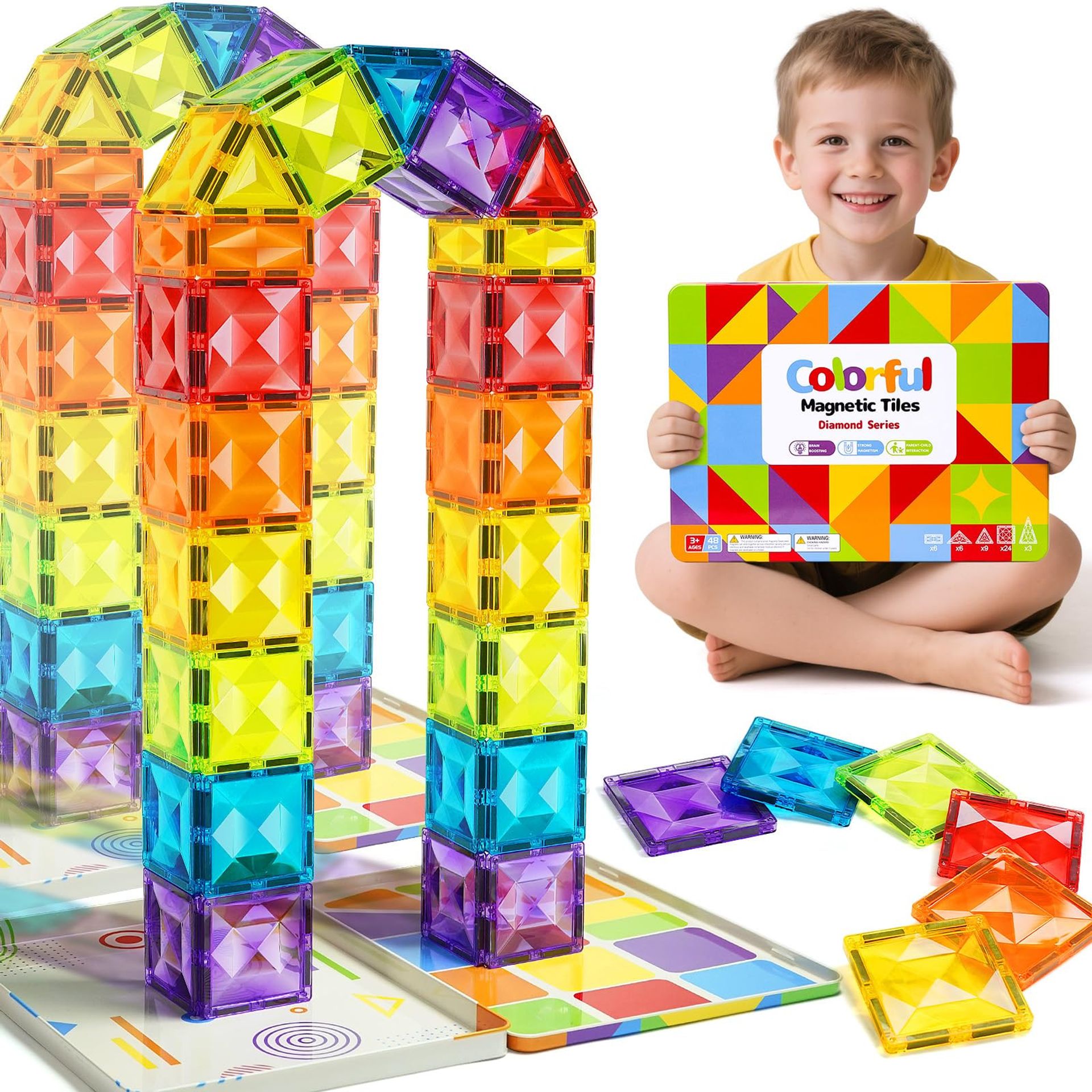 Magnetic Tiles Building Blocks 48PCS STEM Construction Toy Set with Big Playboard & Iron Storage Box - Colourful 7.5CM