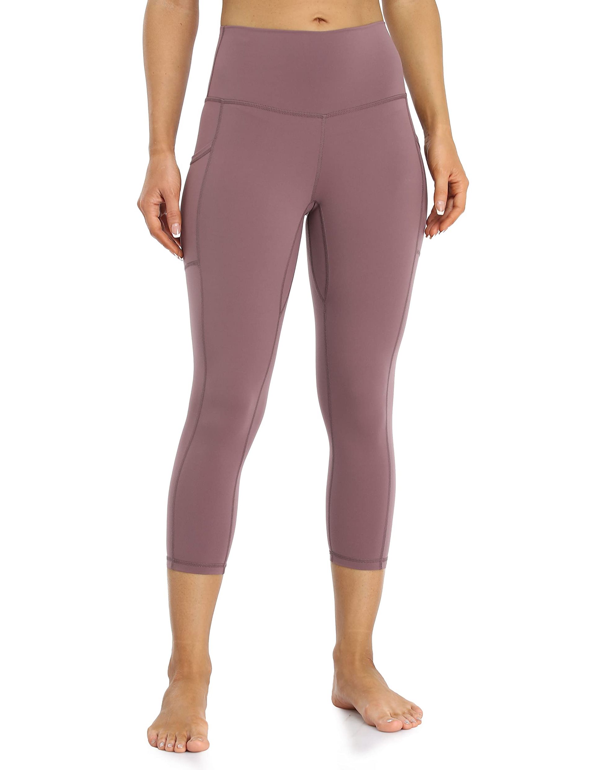 Women's Cropped Leggings with Pockets High Waisted 3/4 Capri Yoga Pants - Dusty Red XS