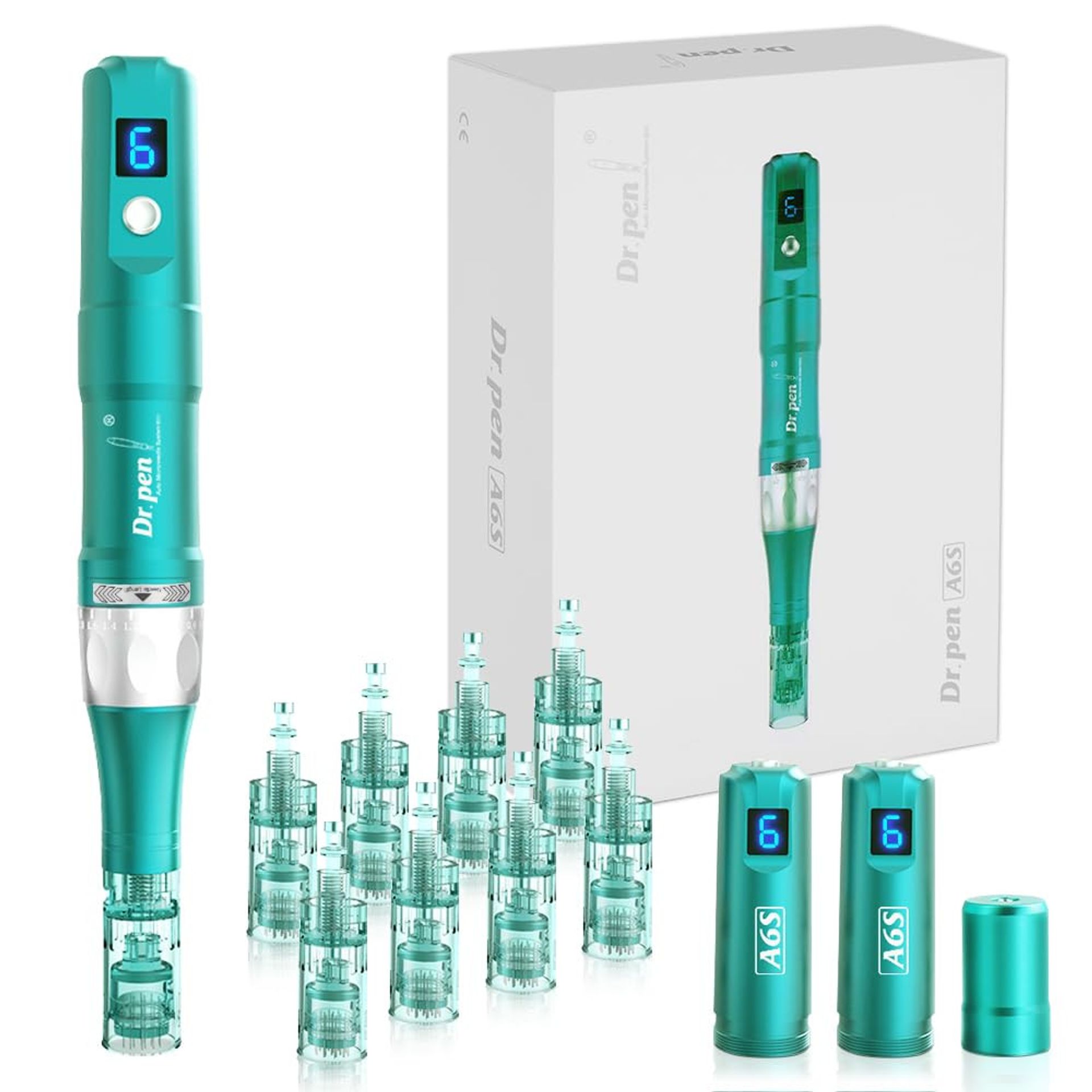 Professional Microneedling Pen A6S Wireless Derma Roller with 8 Replacement Cartridges and Adjustable 6-Speed Levels - Green A6S