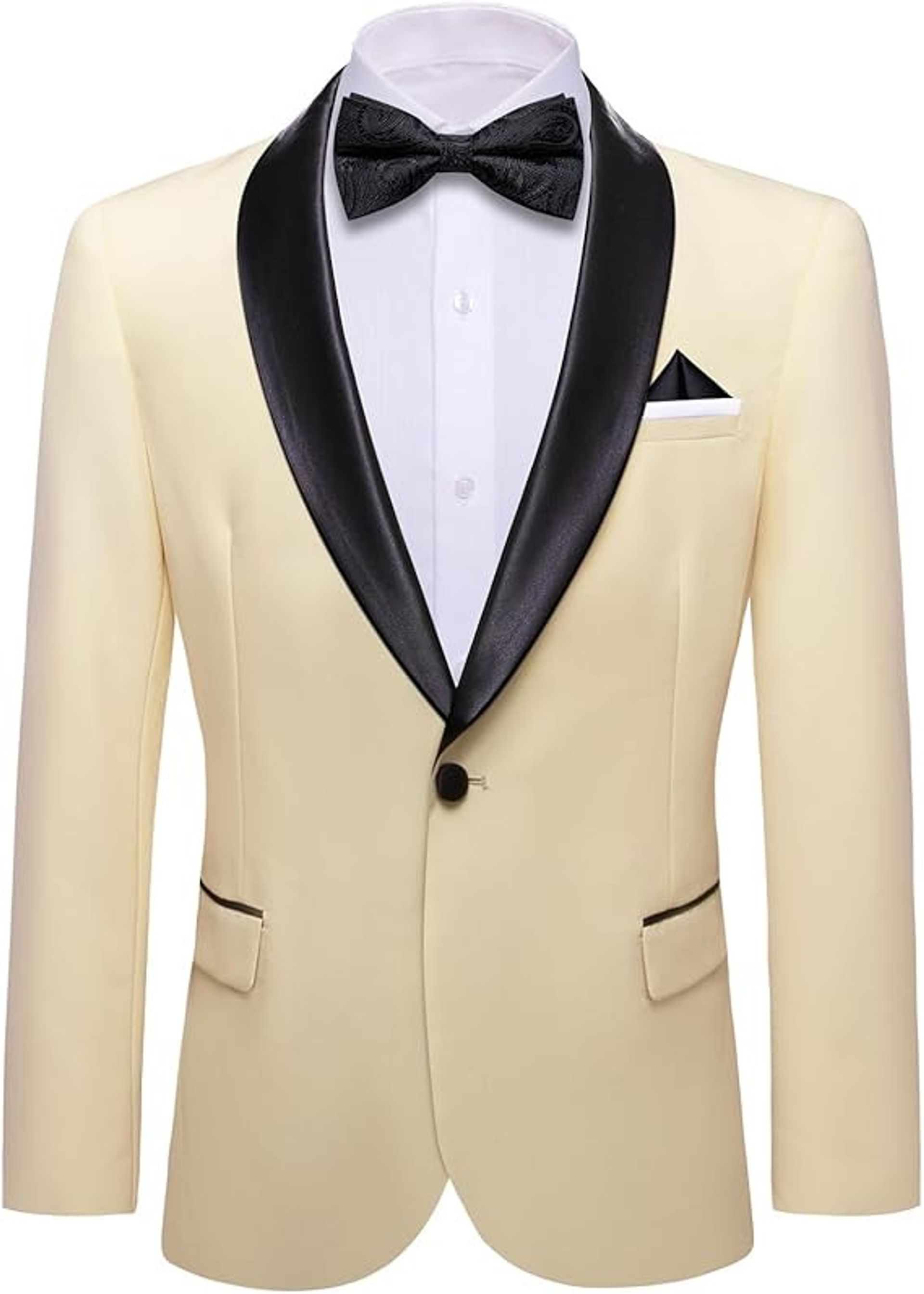 Men's Velvet Blazer Suit Jacket with Bow Tie, Handkerchief, Cufflinks & Brooch - Off White S