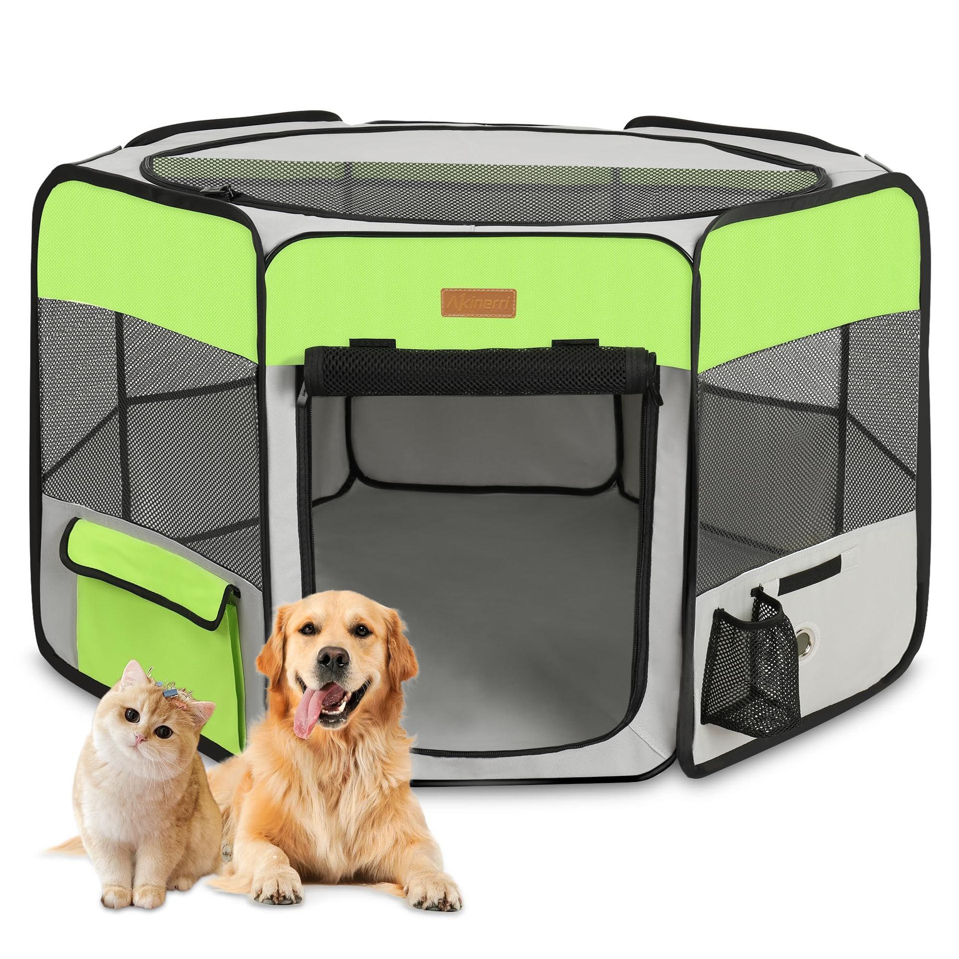 Pet Playpen Portable Foldable Exercise Kennel with Mesh Shade Cover for Dogs & Cats Indoor/Outdoor - Green S