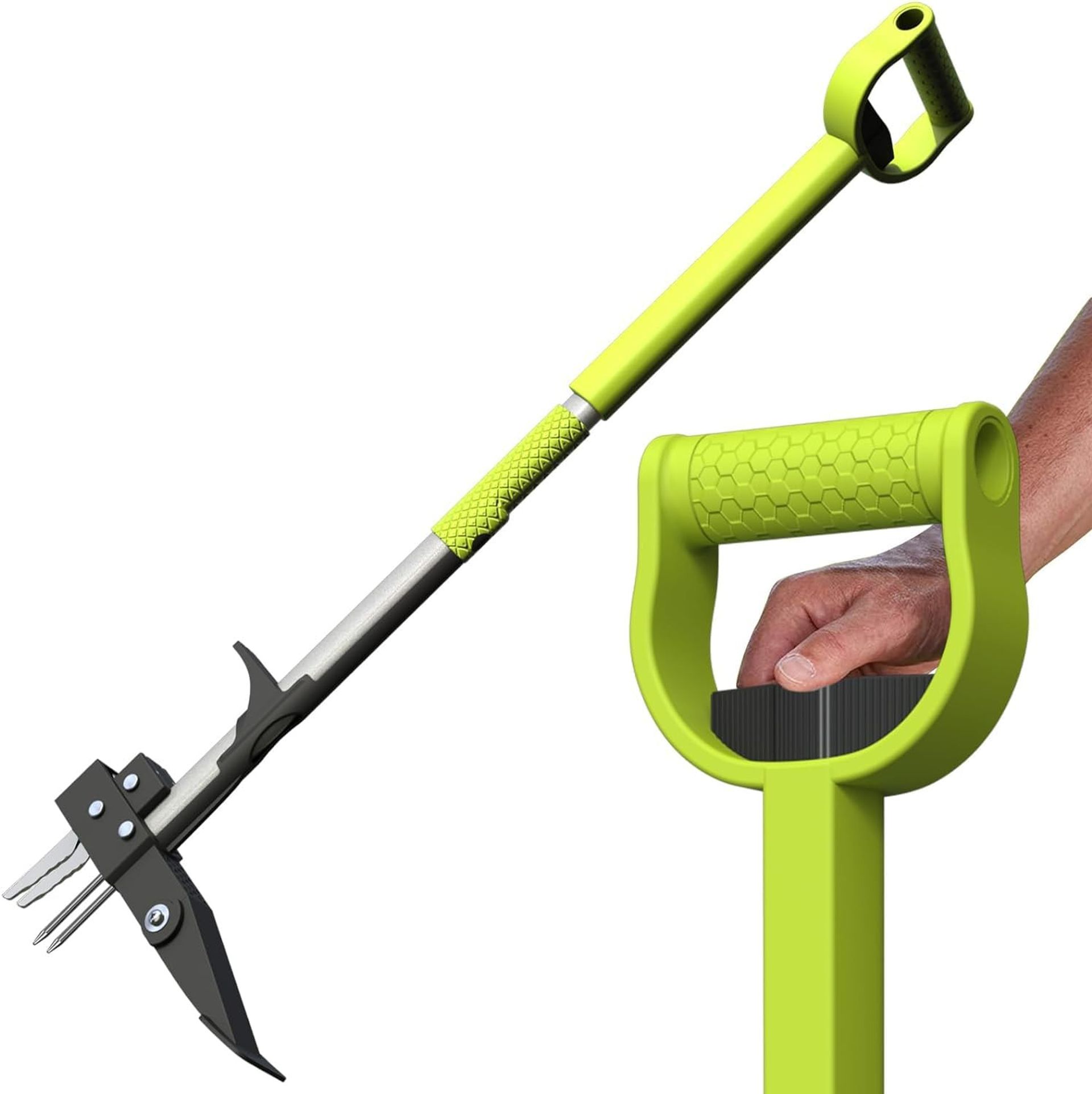 Manual Stand Up Weeder Puller Ergonomic Long Handle 4-Claw Adjustable Length Gardening Tool - Green 98-118cm