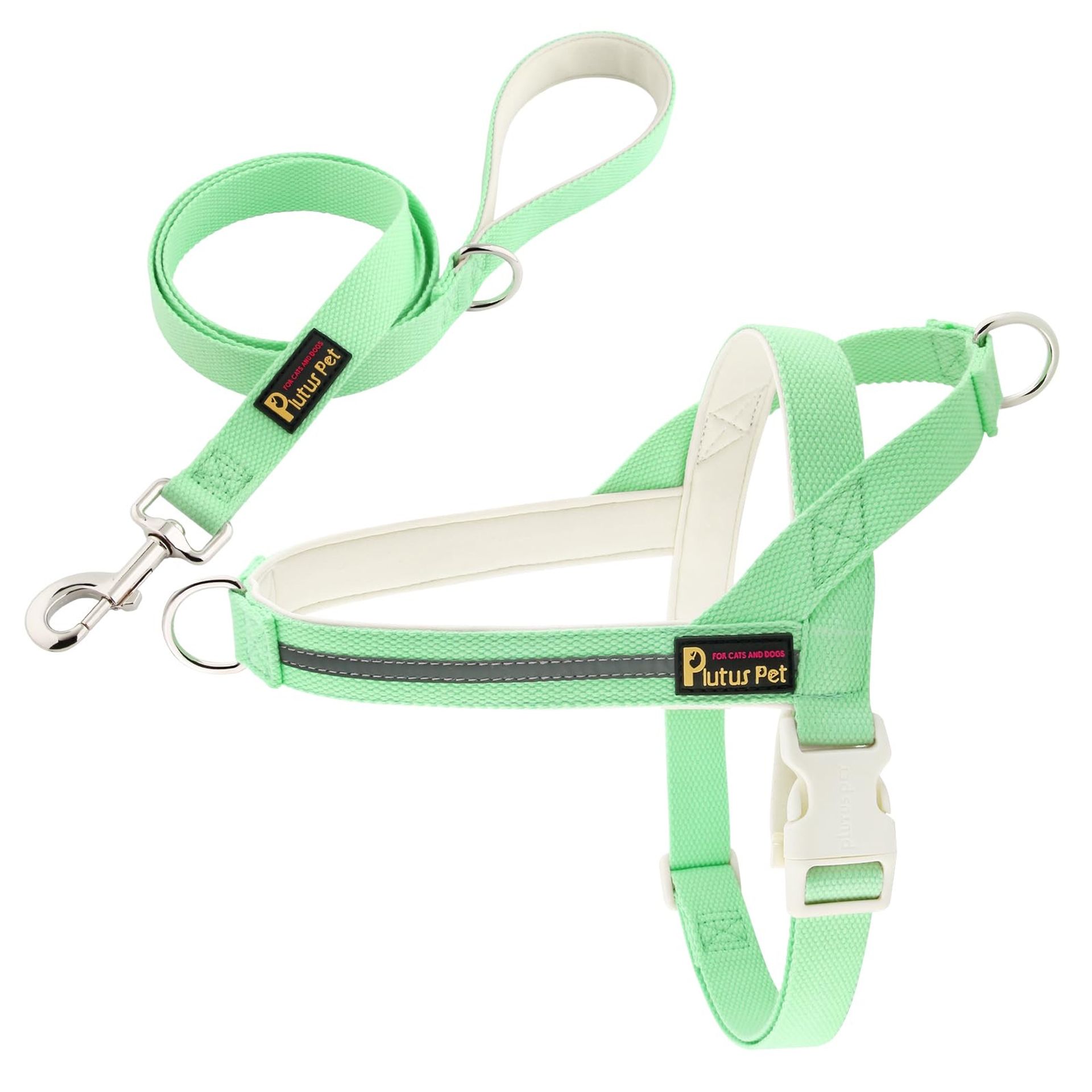 Pet Cotton Dog Harness and Lead Set Reflective Soft Padded Quick Fit Vest for Training and Walking - Light Green Large
