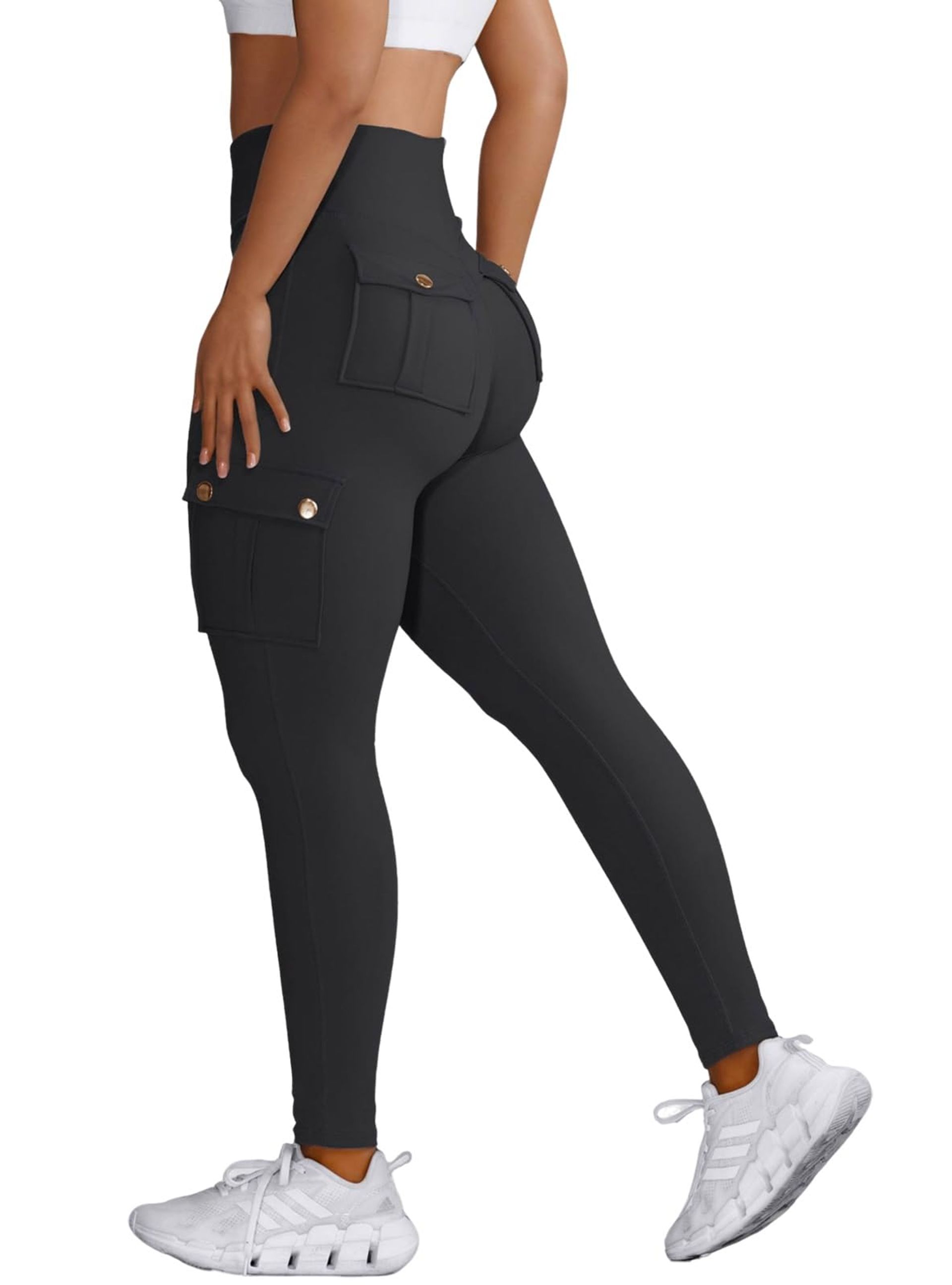 Women's Cargo Leggings High Waisted Stretch Tummy Control Workout Yoga Pants with Pockets - Y-Black XXL