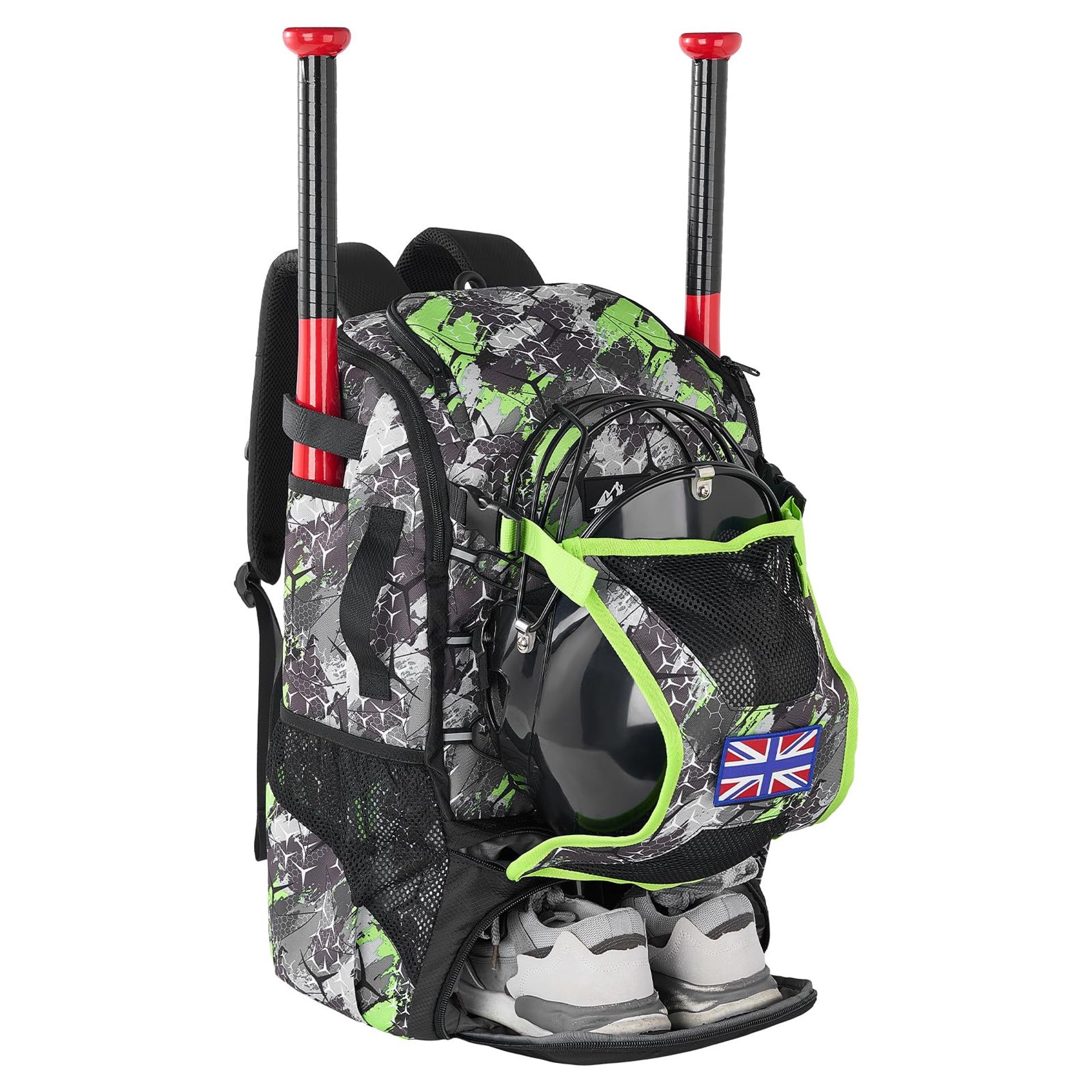 Youth Baseball Bat Bag 45L Large Capacity Backpack with Shoe Compartment, Helmet Holder & Fence Hook - Green L