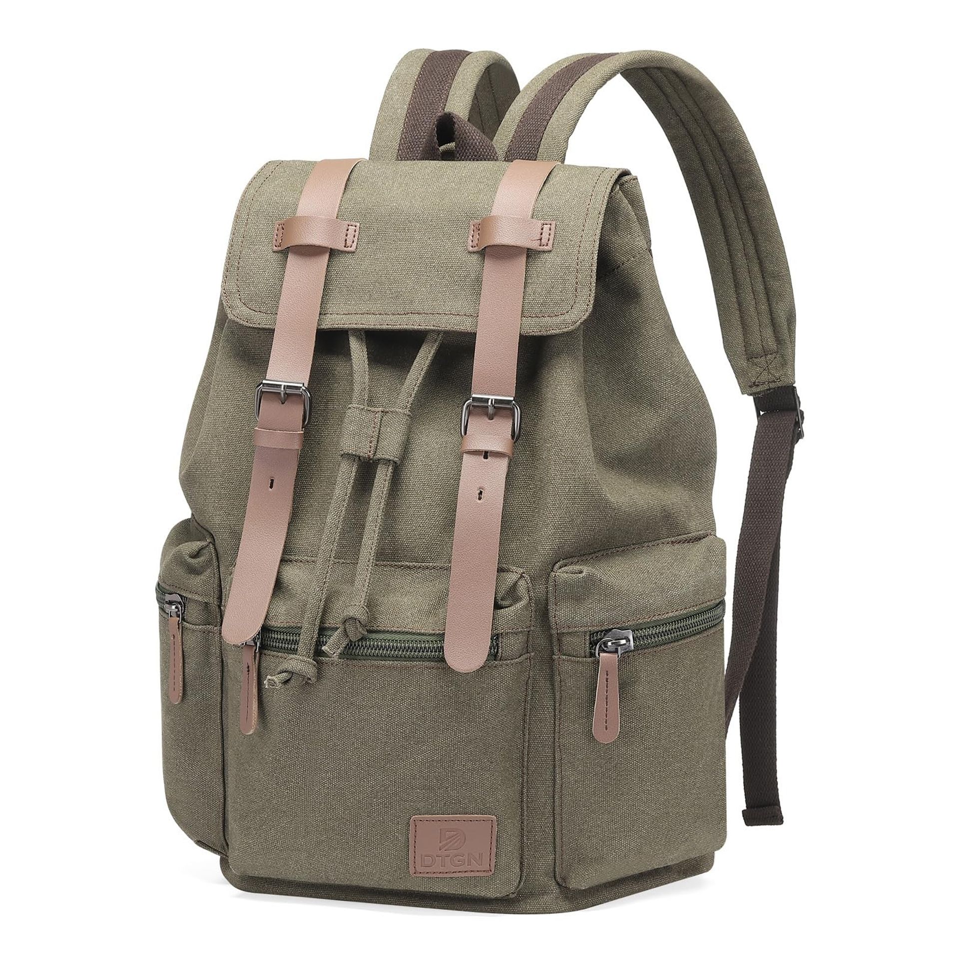Vintage Canvas Backpack for Men & Women Durable Daypack with Leather Accents, Laptop Compartment, 25L Capacity - Green M - Student Essentials
