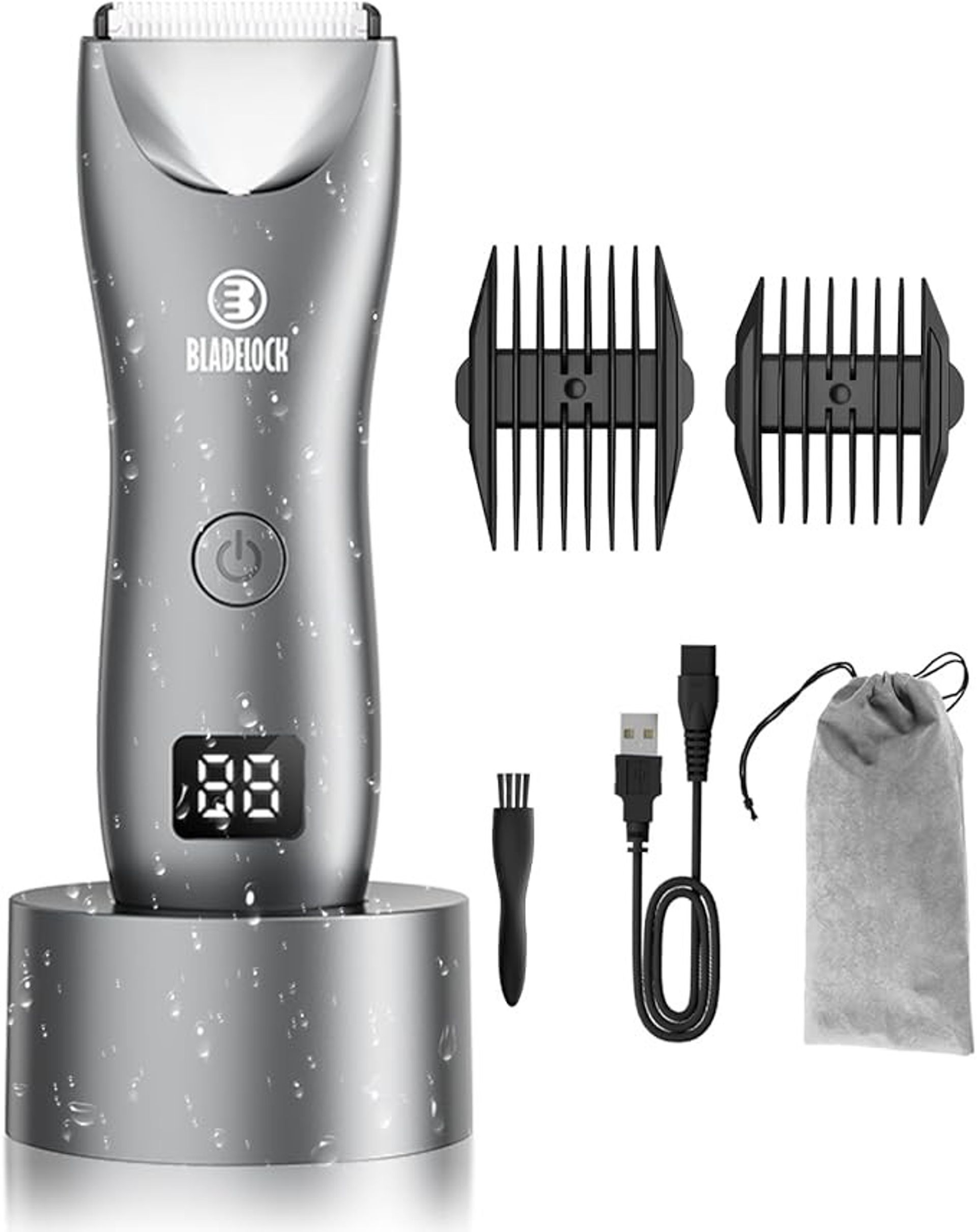 Men's Electric Body Hair Trimmer Waterproof Rechargeable with LED Light and Display Groomer for Face, Body & Groin - Grey