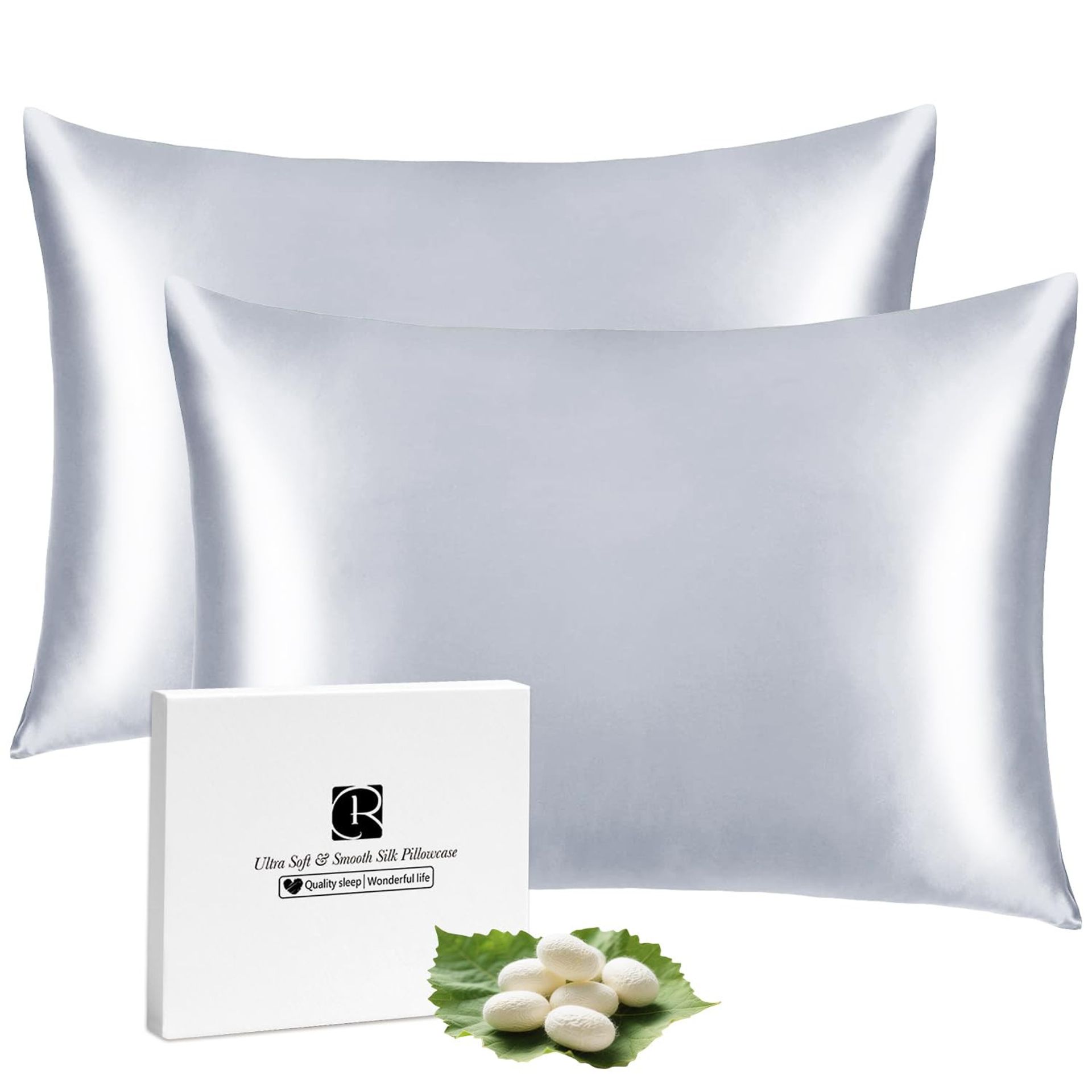 100% Mulberry Silk Pillowcase Set for Hair and Skin Hidden Zipper Breathable Cooling Design 2 Pack - Silver Grey 50×66CM