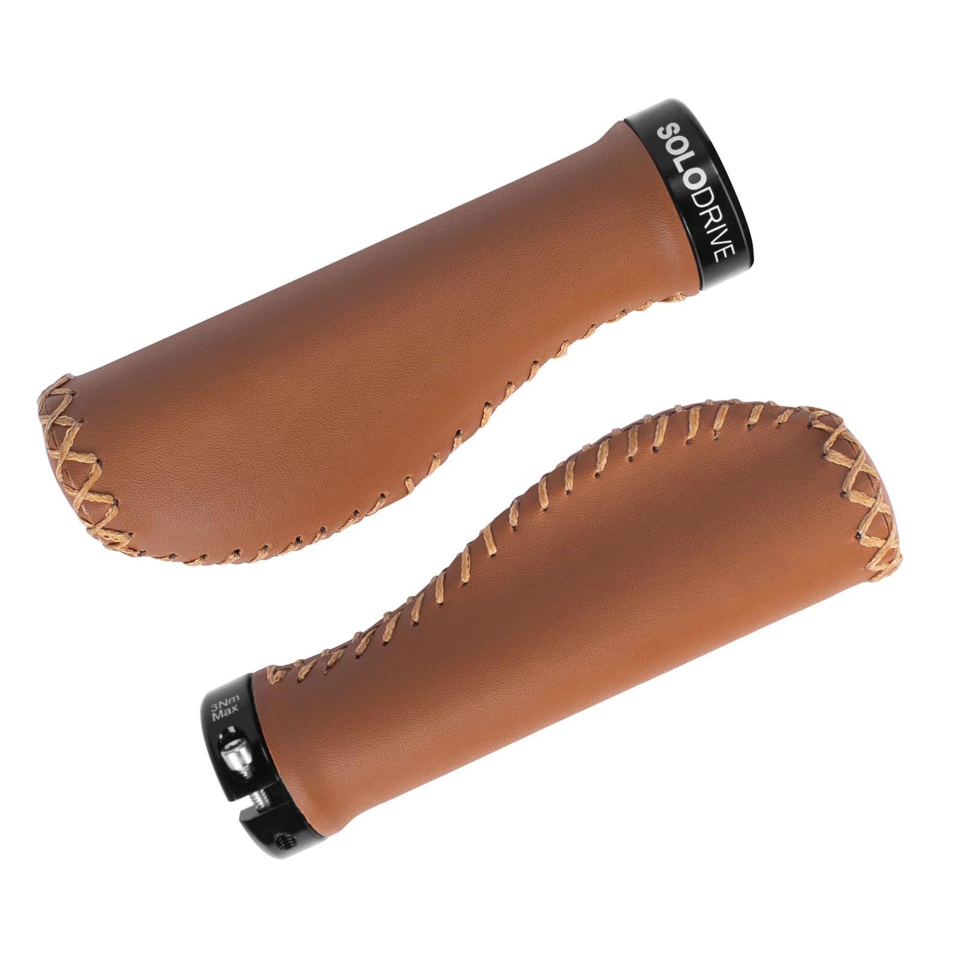 Ergonomic Lock-On Bike Handlebar Grips PU Leather Hand-Stitched Design for Cruiser Bicycle 22.2mm - Brown