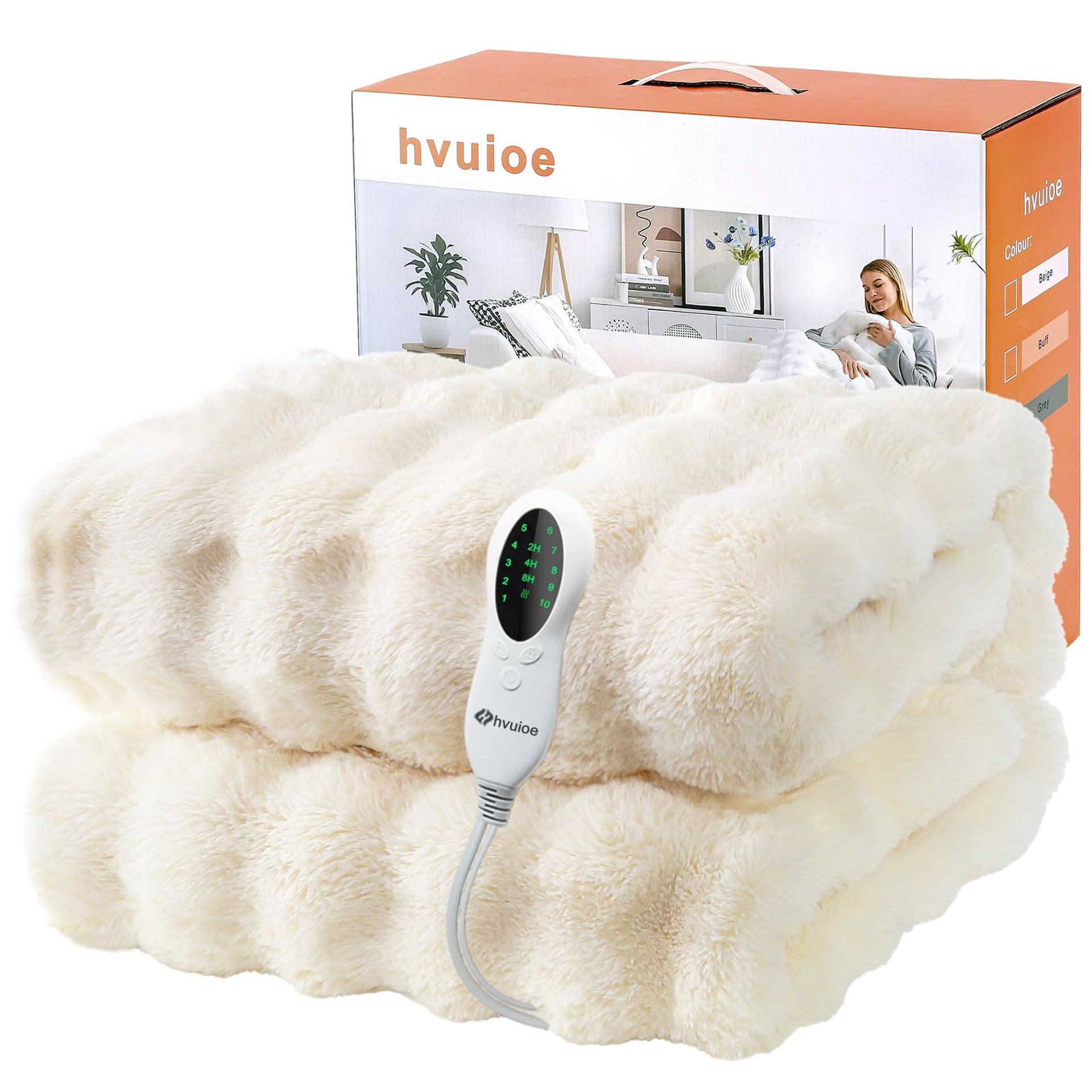 Heated Throw Plush Faux Rabbit Fur Electric Blanket Fast Heat Up Auto Shut Off Overheat Protection - Beige 160x130cm