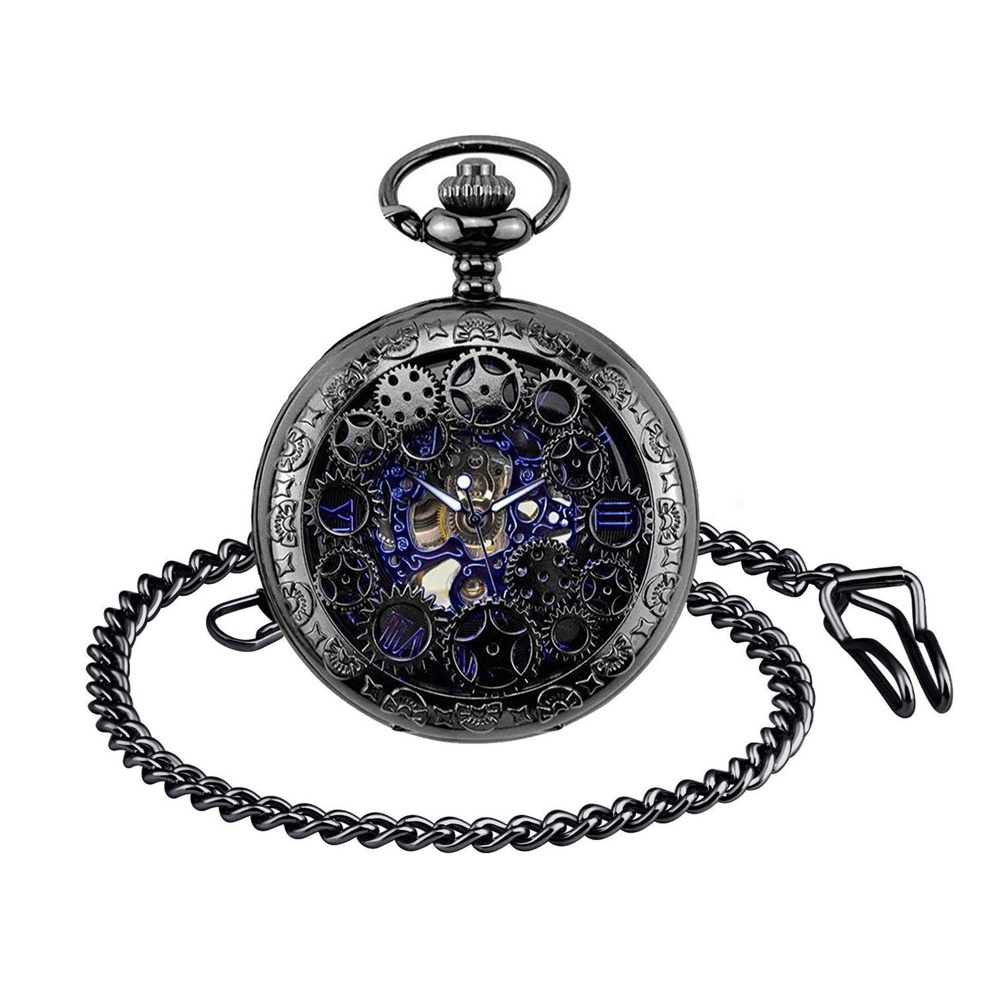 Unisex Mechanical Hand-Wind Pocket Watch Vintage Skeleton Design with Chain - Black Retro Gear