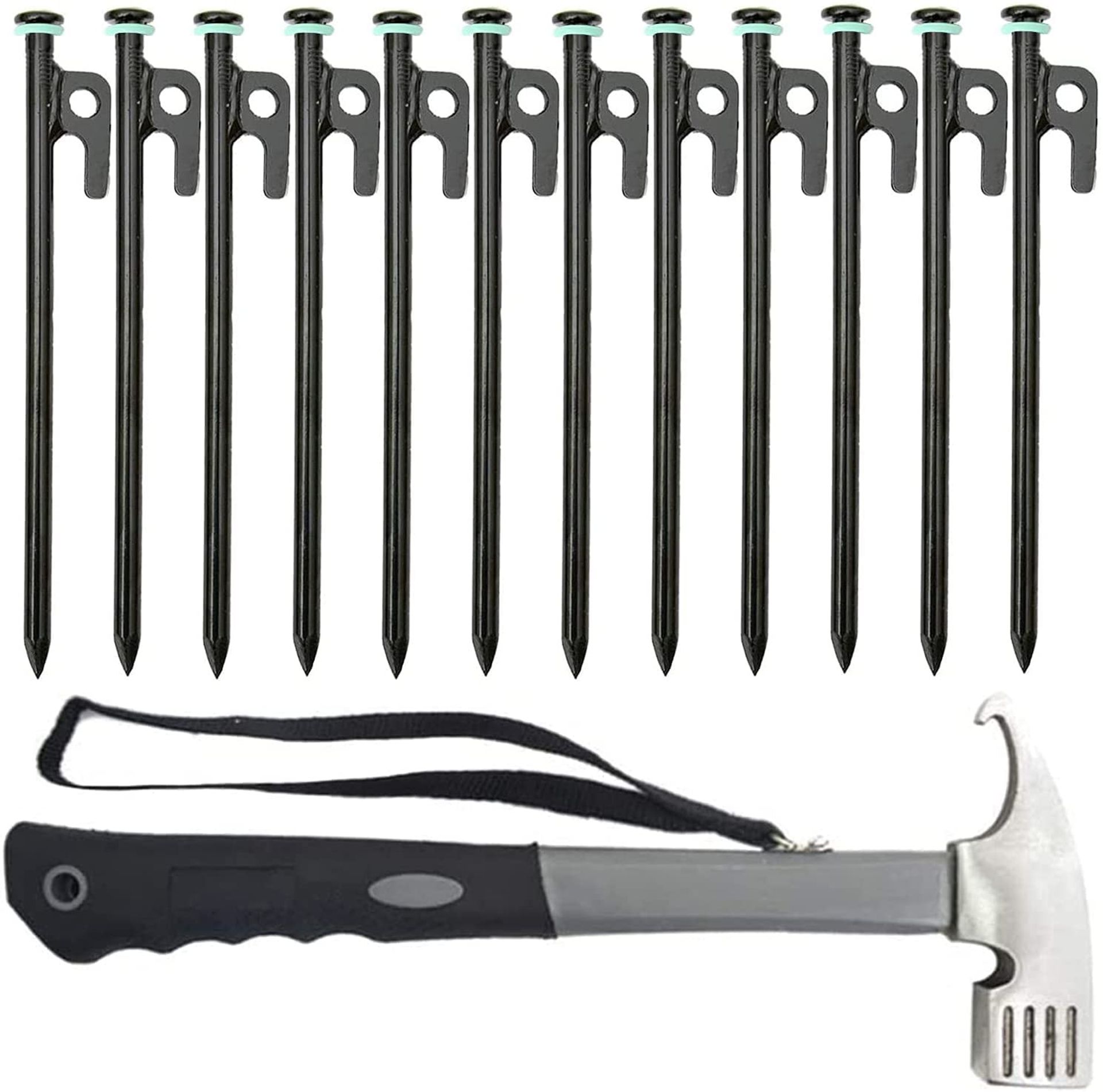Camping Tent Pegs & Hammer Set Heavy Duty Forged Steel Unbreakable for Outdoor Use - 30cm/12in 12Pcs + 1 Hammer