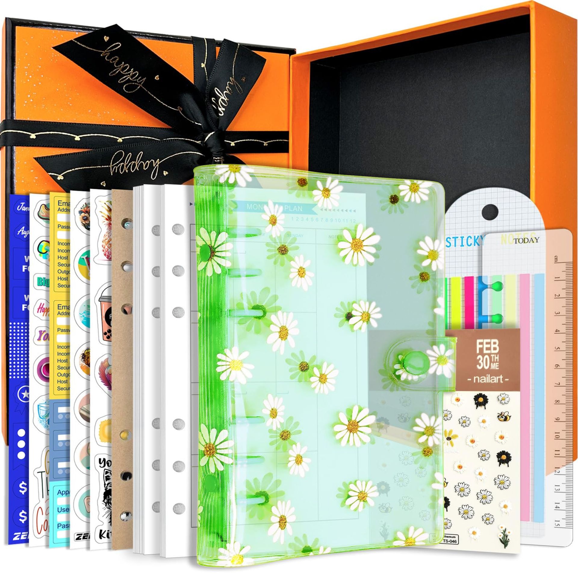 6-Hole PVC Binder Set with Planner Inserts Stickers & Snap Closure - Green Daisy A6 Gift Box - Student Essentials