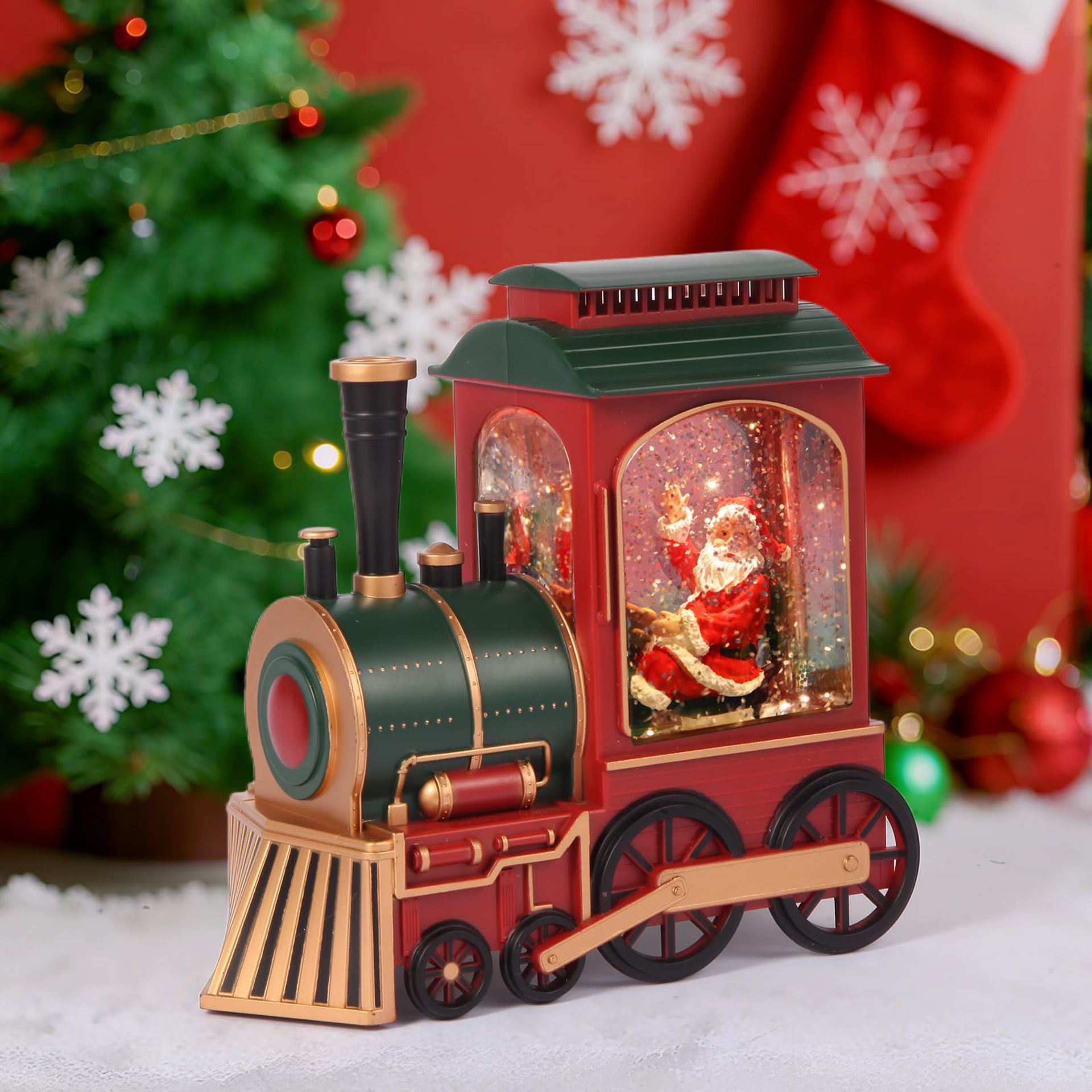 Train Christmas Snow Globe Musical LED Glitter Train with Timer USB Battery Power Retro Santa Ornament - Multicoloured Locomotive