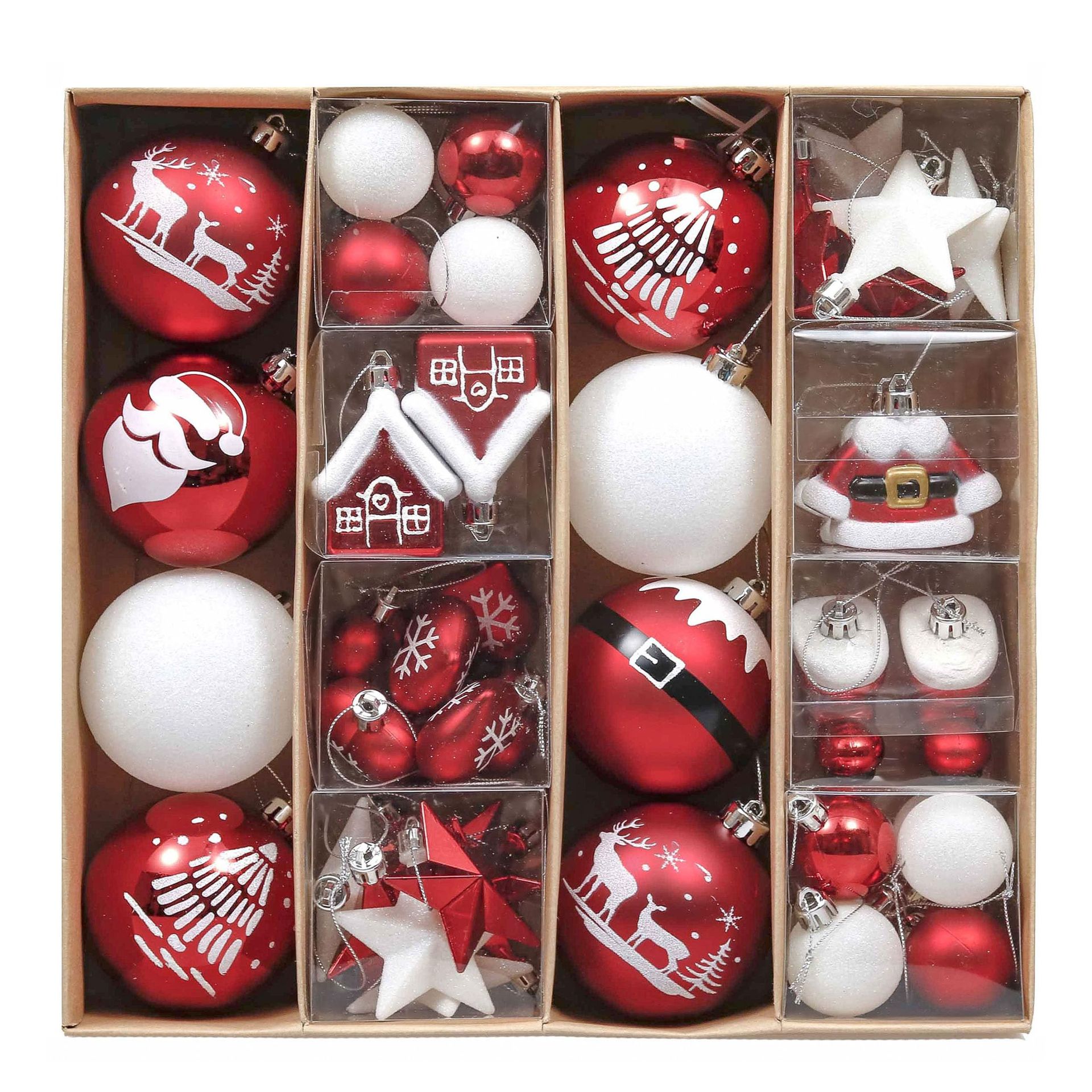 50pcs Christmas Baubles Shatterproof Tree Decorations Traditional Ornaments Set - Red and White 3-8cm